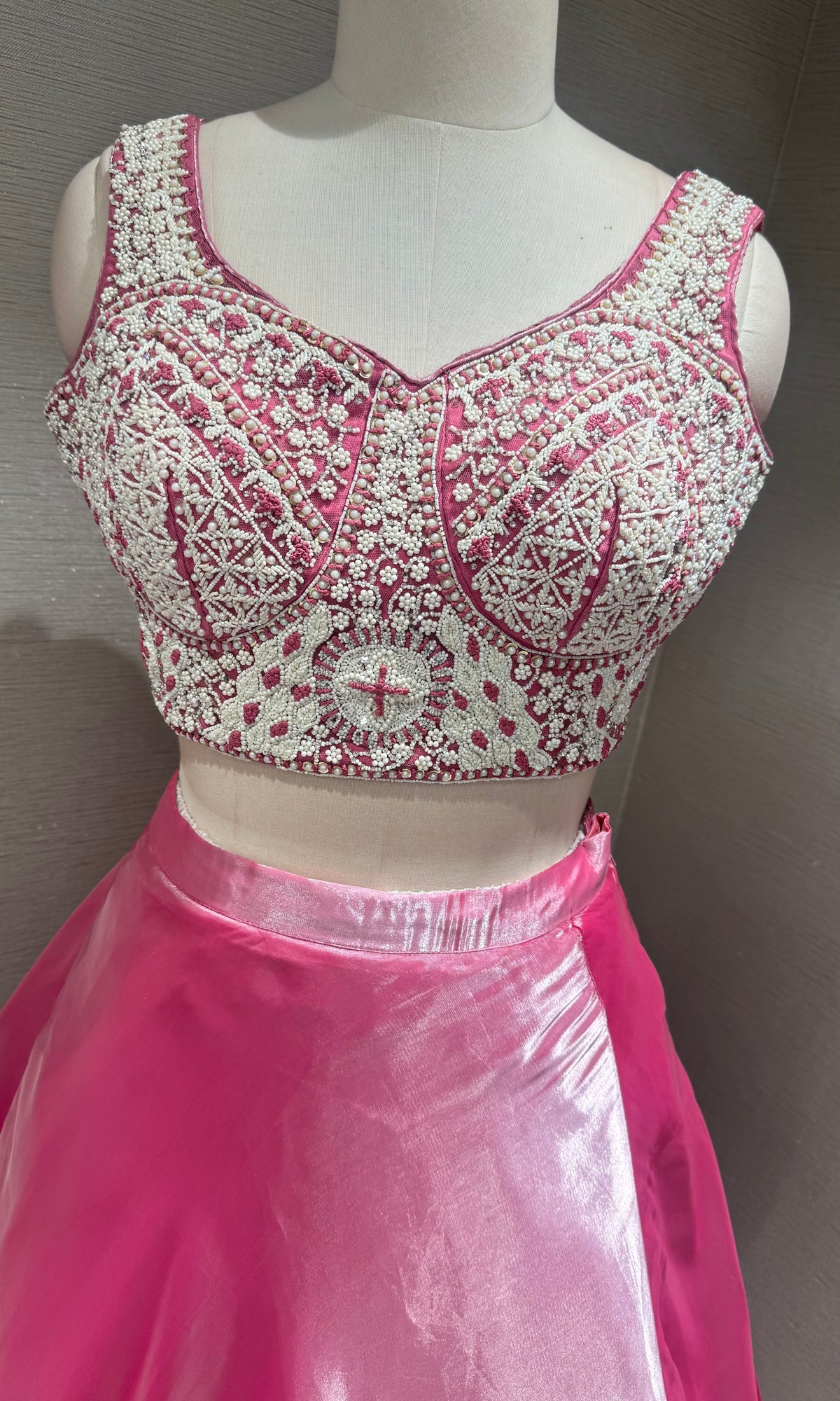 Fuchsia Pink Satin Floral Lehenga set with Sheer Cape Sleeves