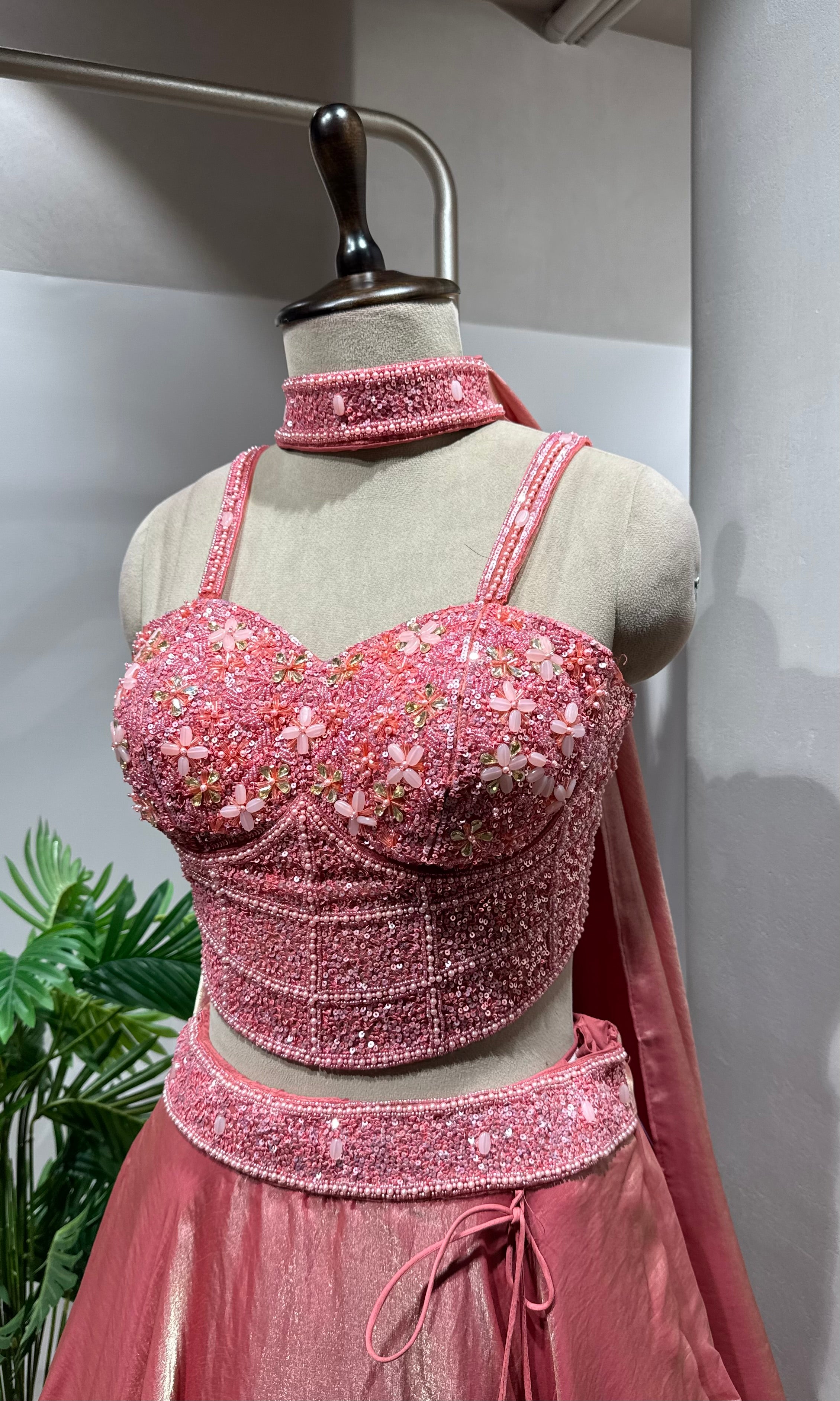 pink shimmer silk corset blouse lehenga