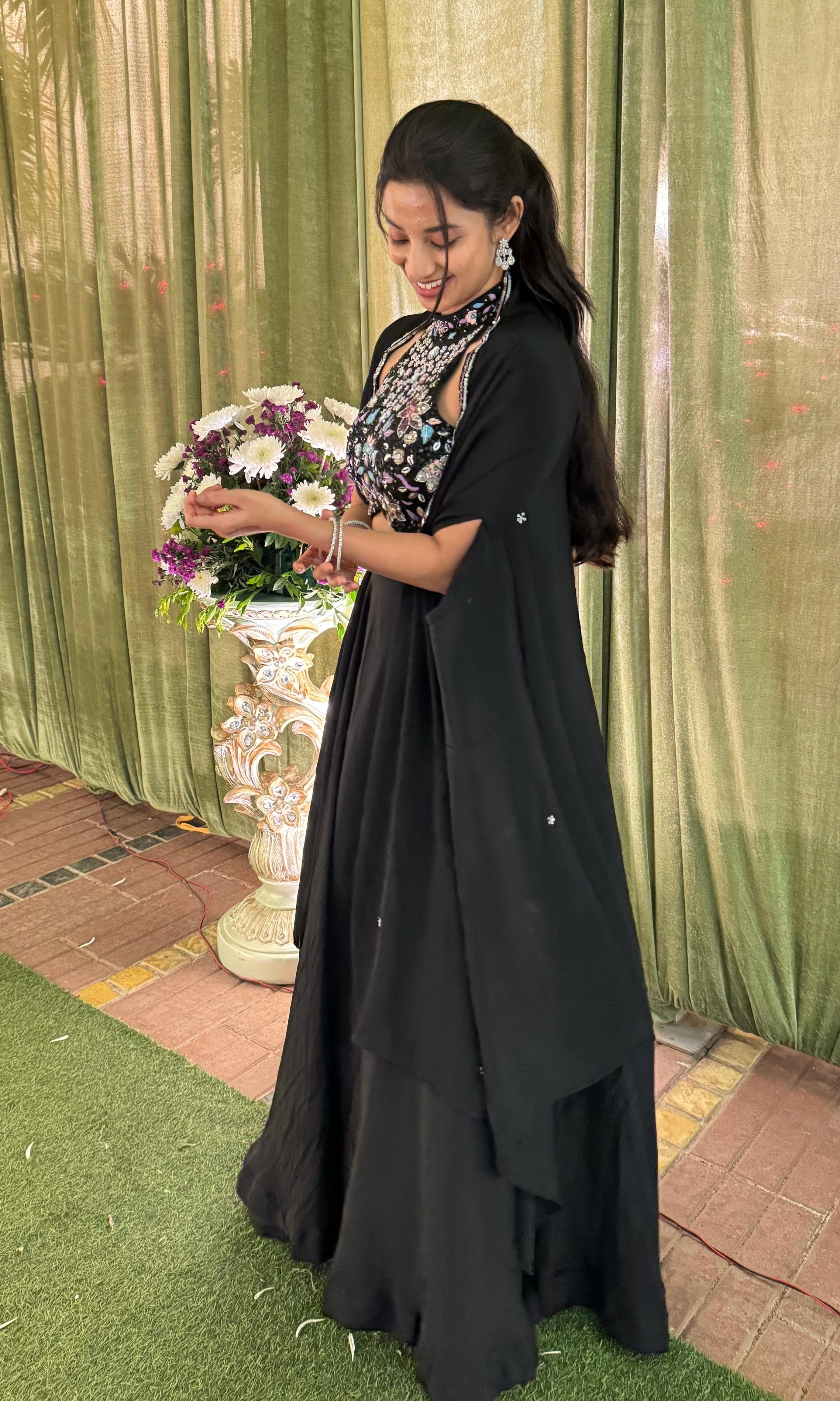 Black Embellished Halter NECK Lehenga WITH CAPE