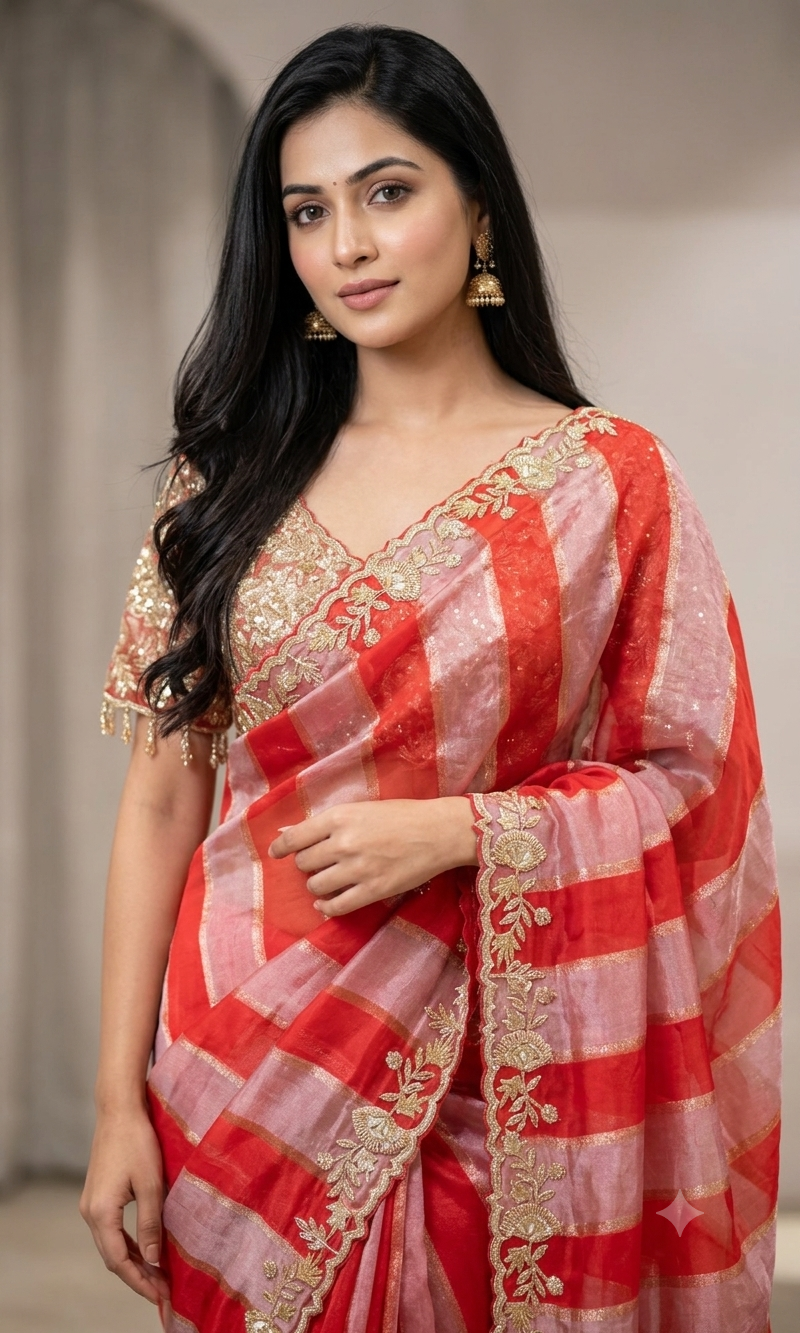 RED Leheriya saree with embroidered blouse