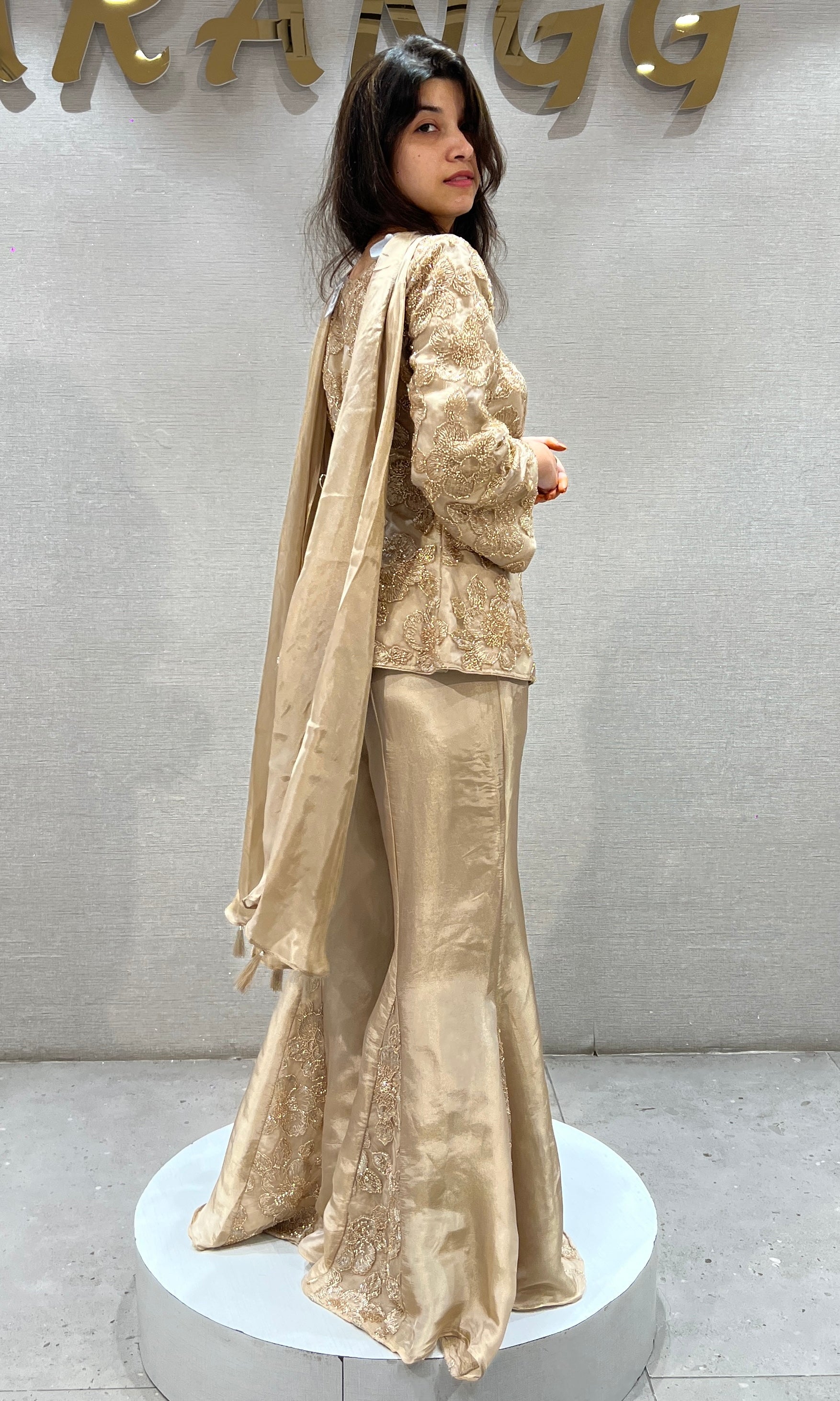 Beige and Gold Embroidered Palazzo set