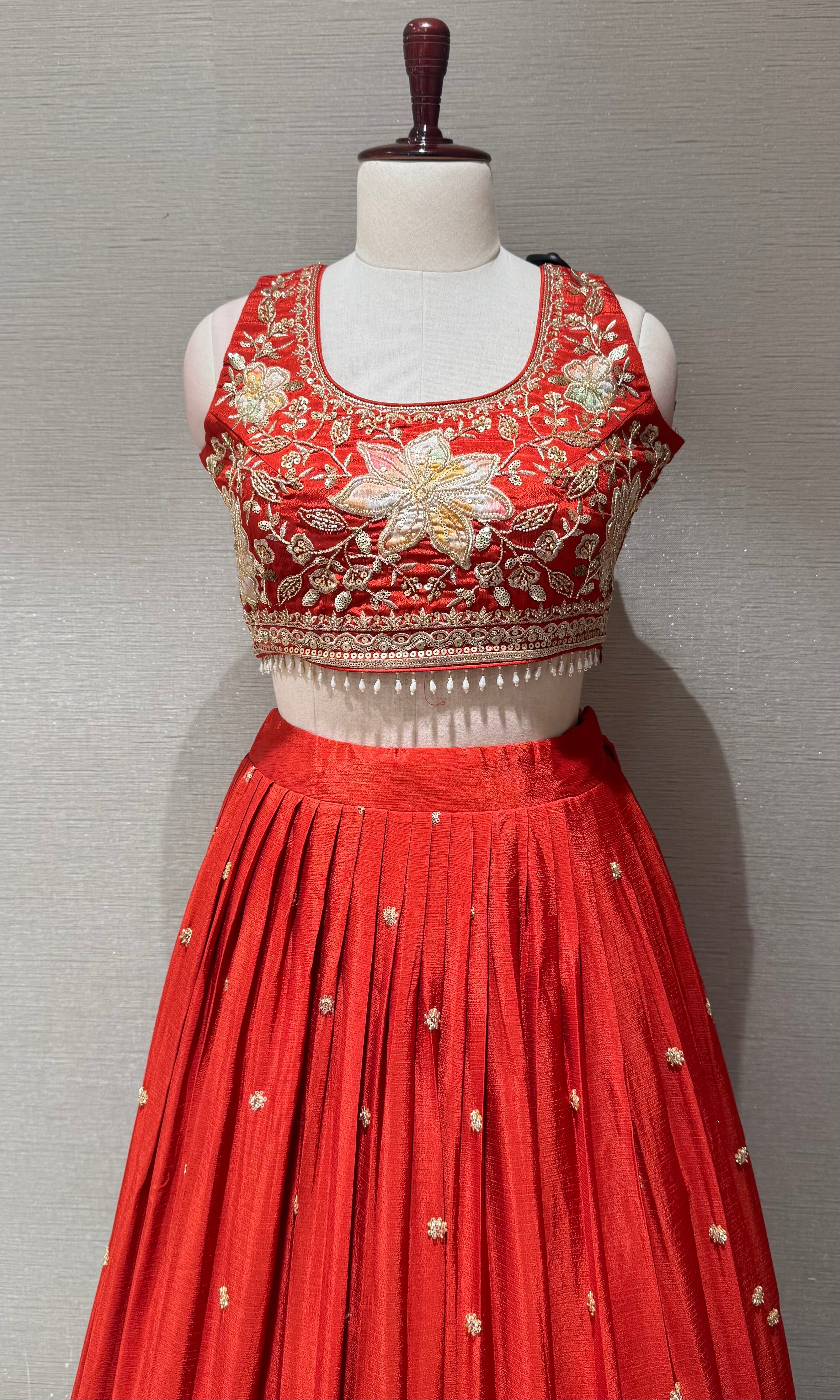 Orange Tissue silk Floral Embroidered Lehenga Set