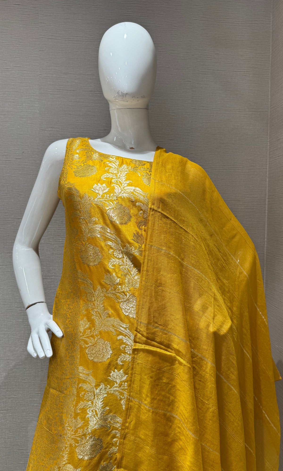 Mustard Banarasi Silk Golden Floral Zari kurta set