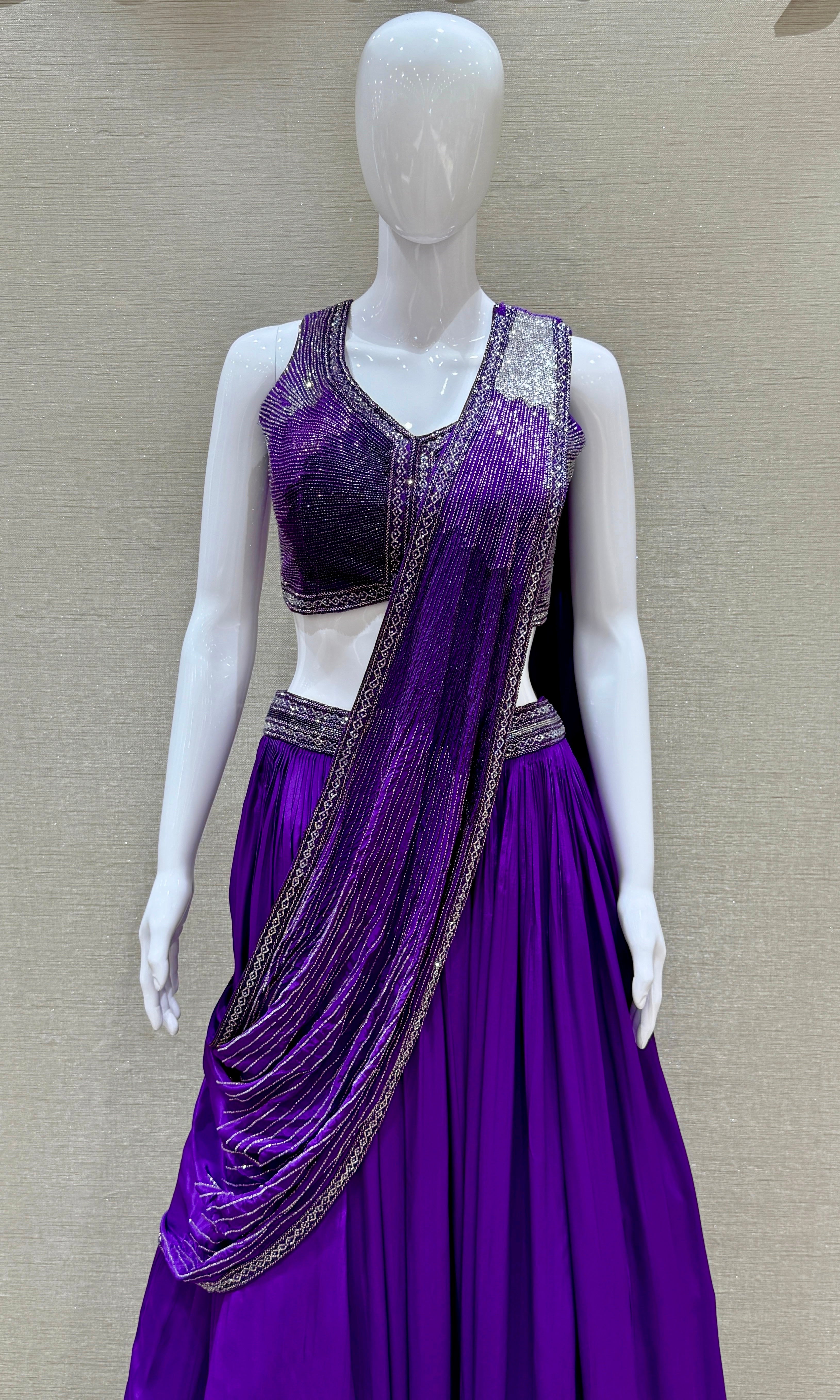 Purple Lehenga with draped sequins Pallu