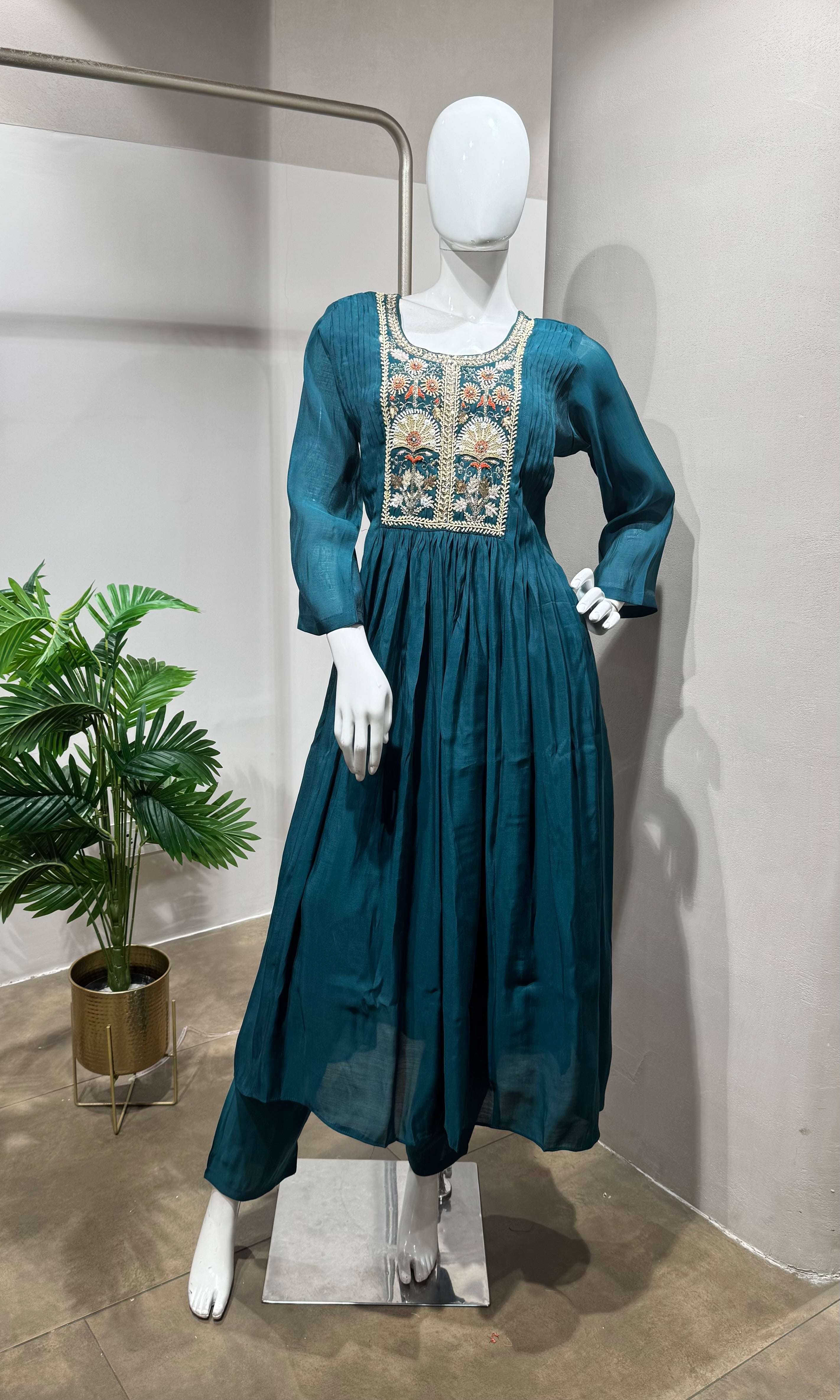Teal blue embroidered kurta set