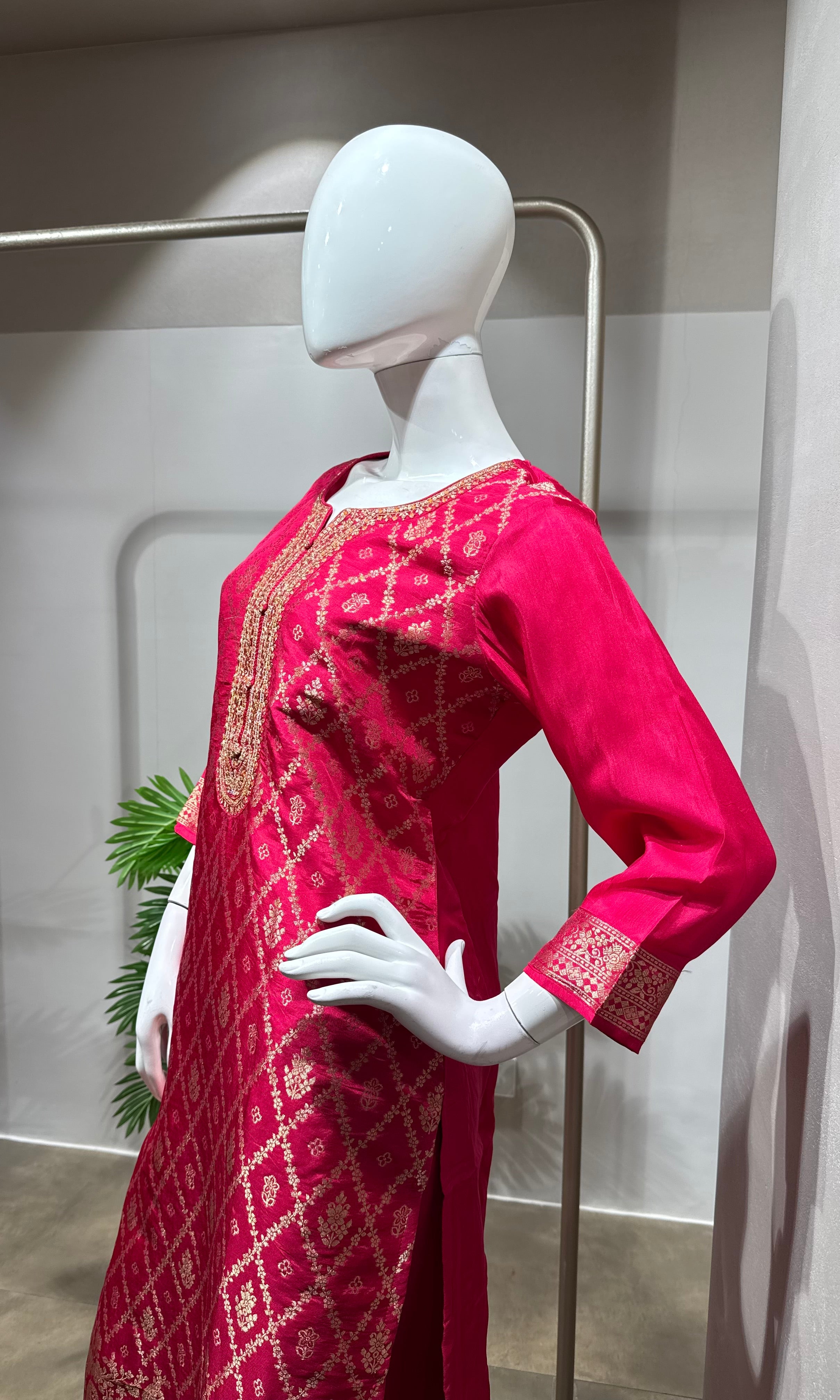 Pink Woven Design Silk KURTA Suit with Dupatta
