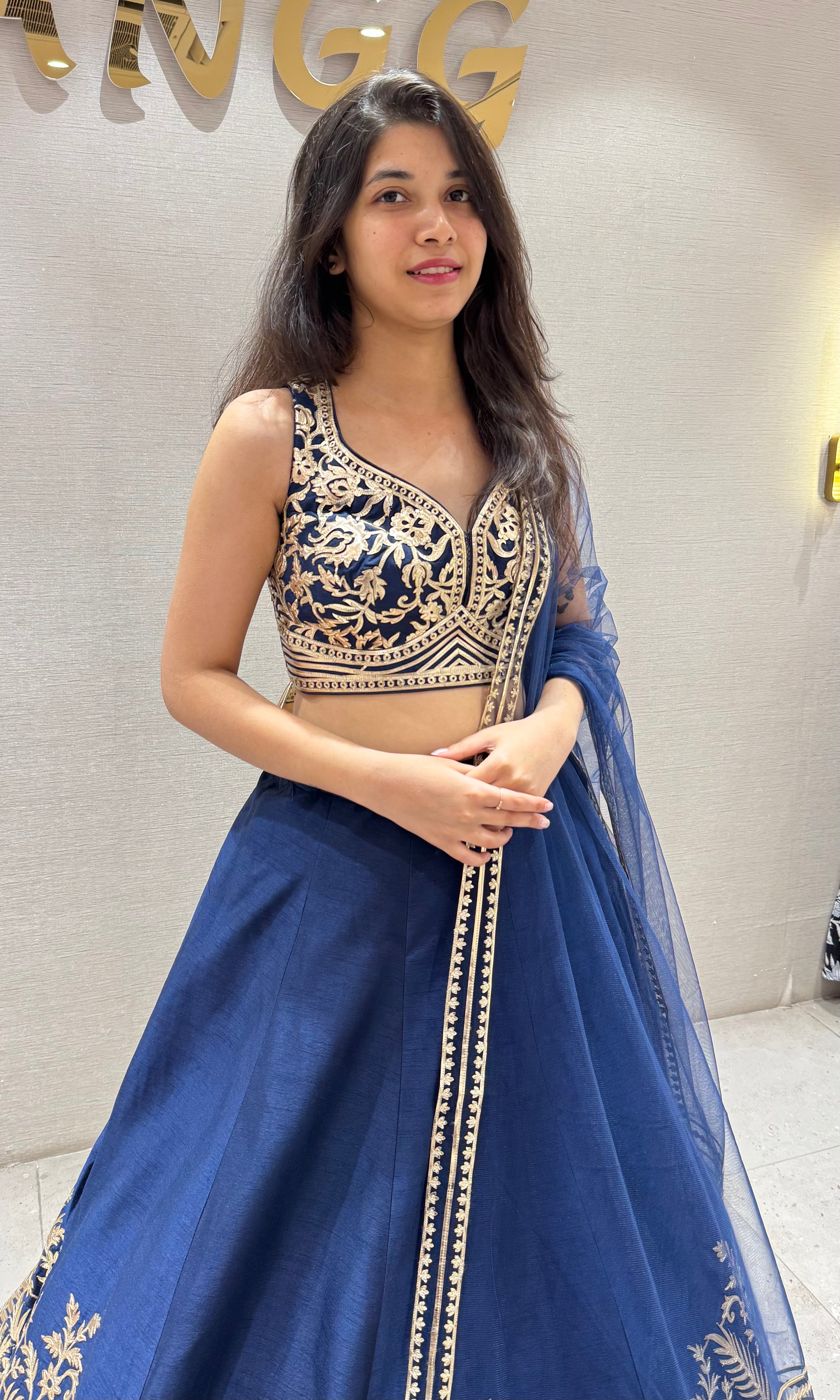 Navy blue GOLDEN FLORAL EMBROIDERED LEHENGA