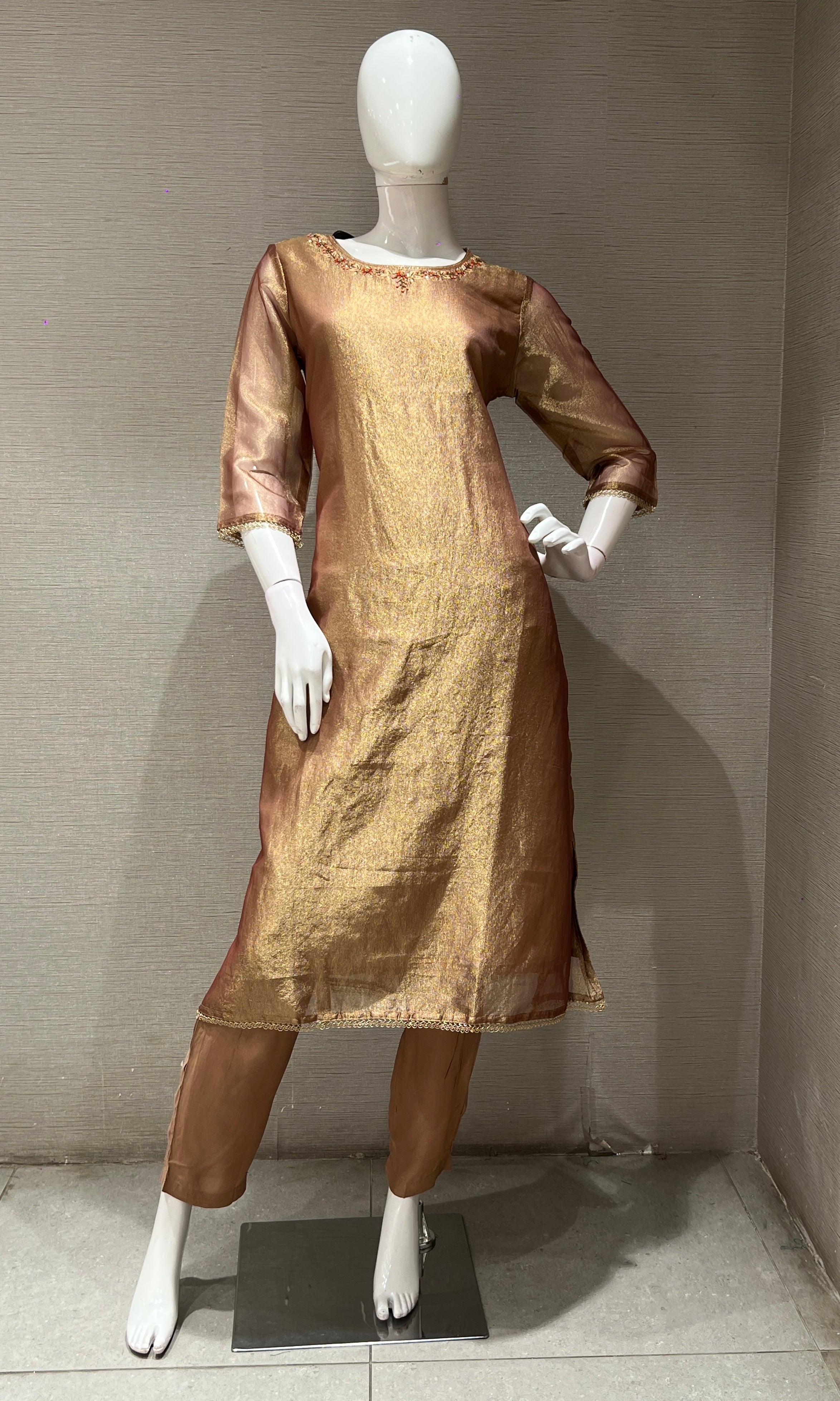 LIGHT BROWN KURTA SET WITH LOTUS PRINT DUPATTA