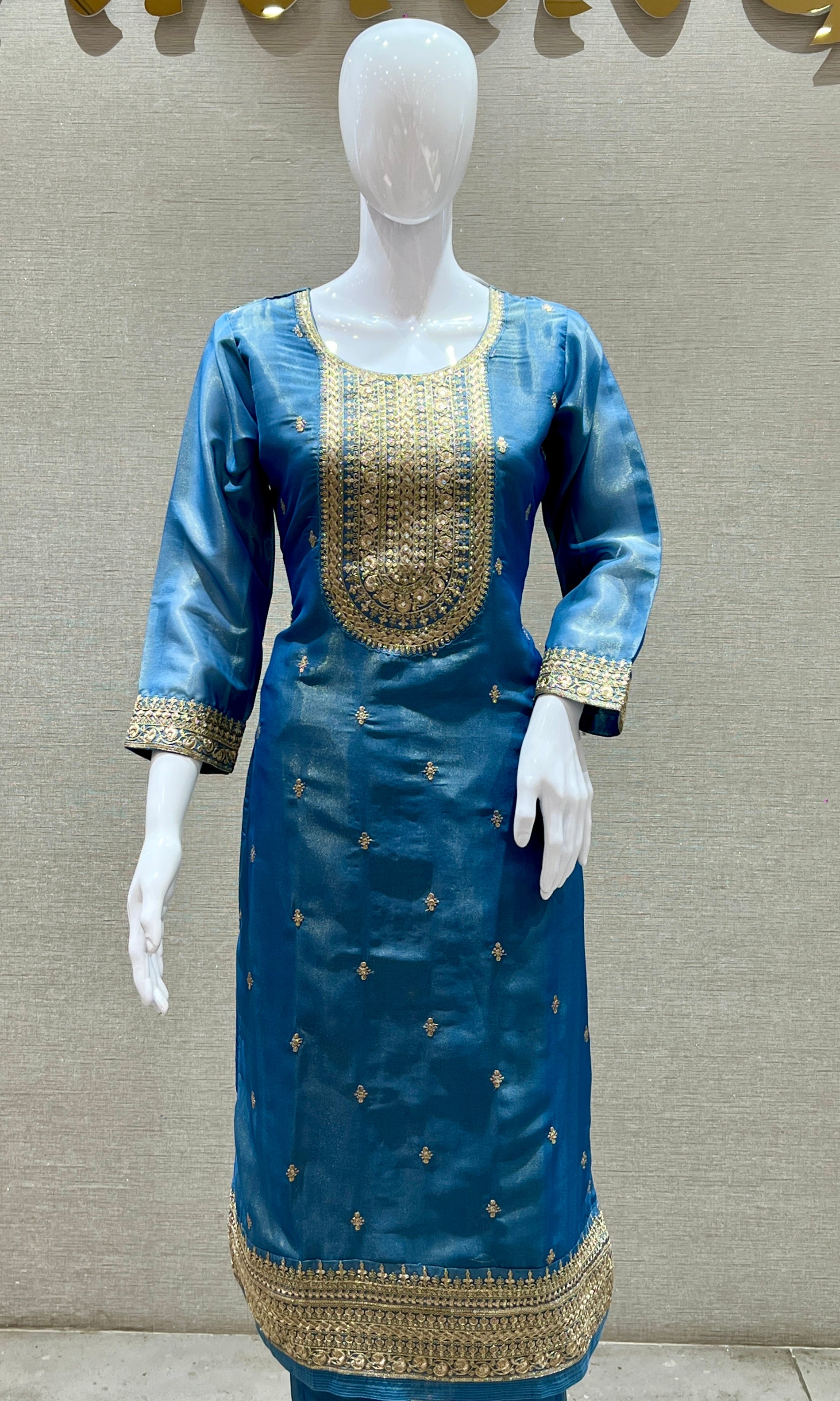 Blue Silk Embroidered Kurta Set with Churidar & Dupatta