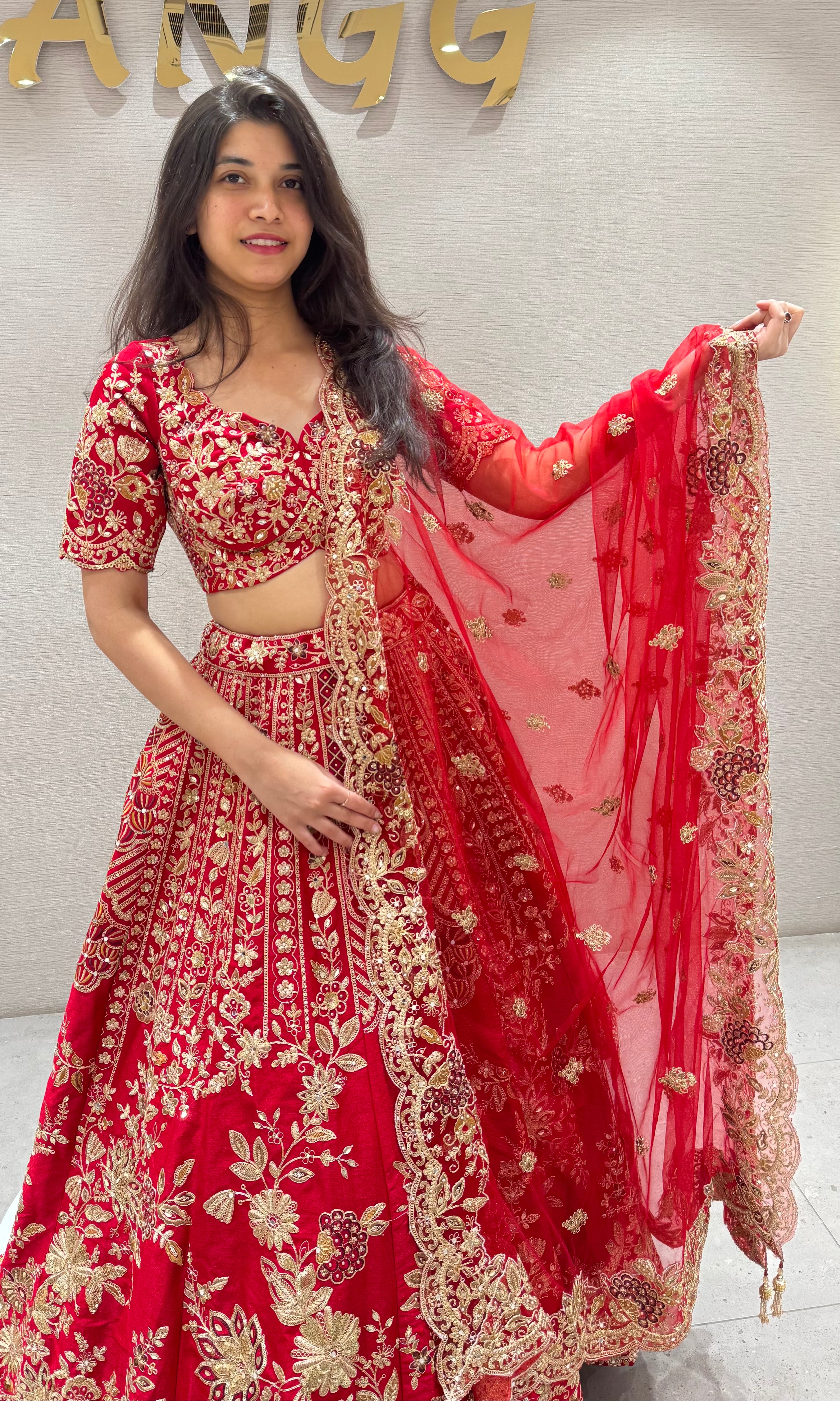 Red GOLDEN FLORAL EMBROIDERED lehenga