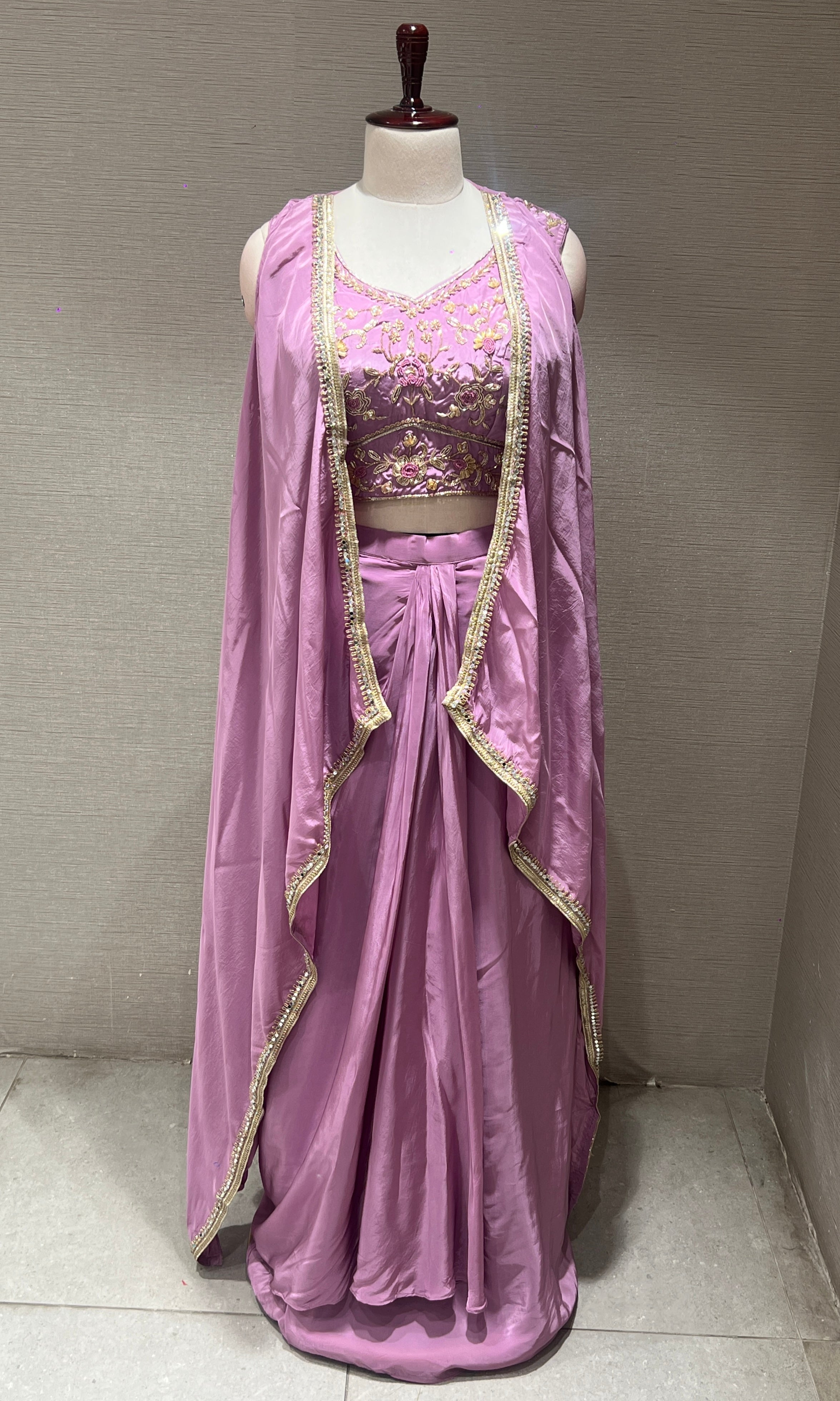 Lilac cape skirt with embroidered indo western dress