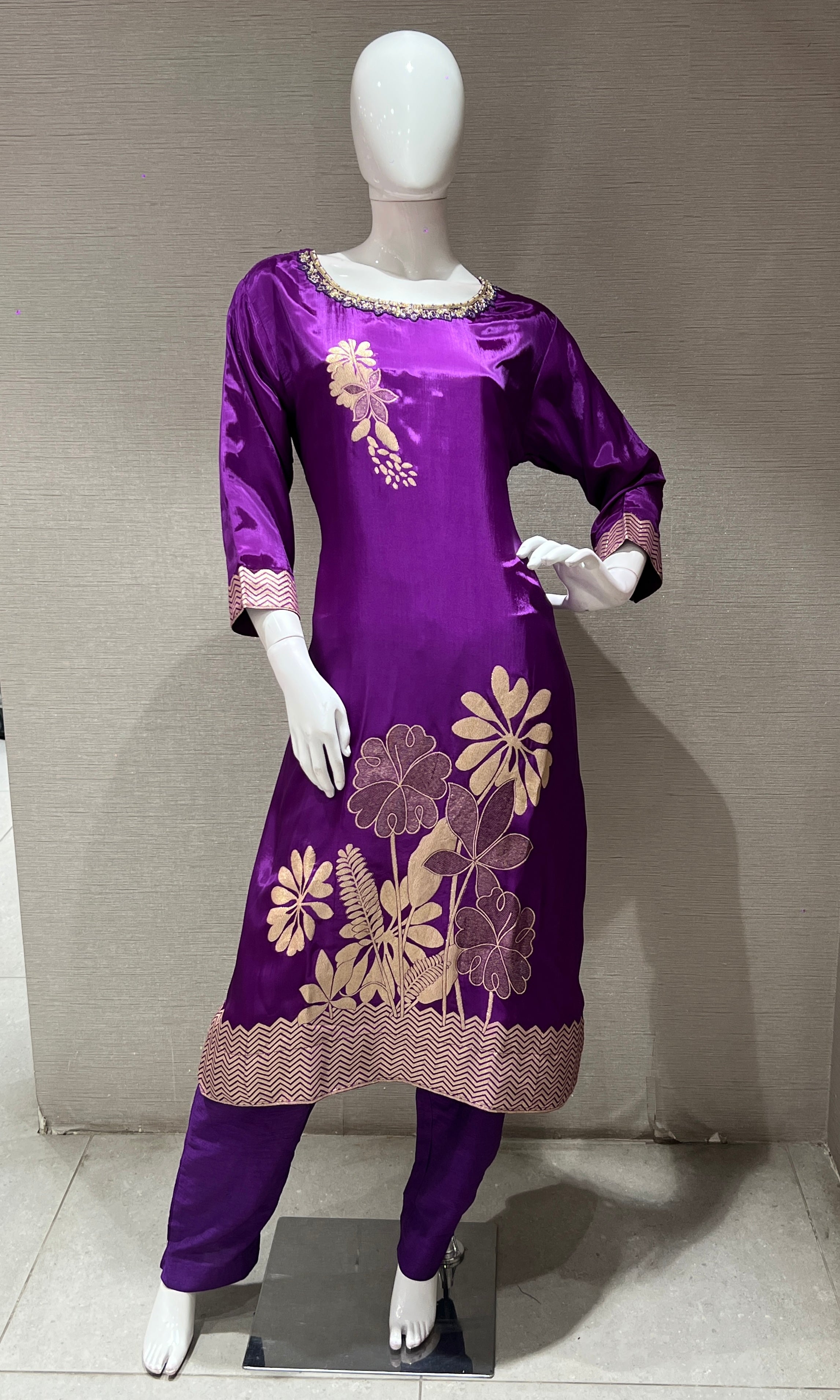 PURPLE Golden Embroidered KURTA SET