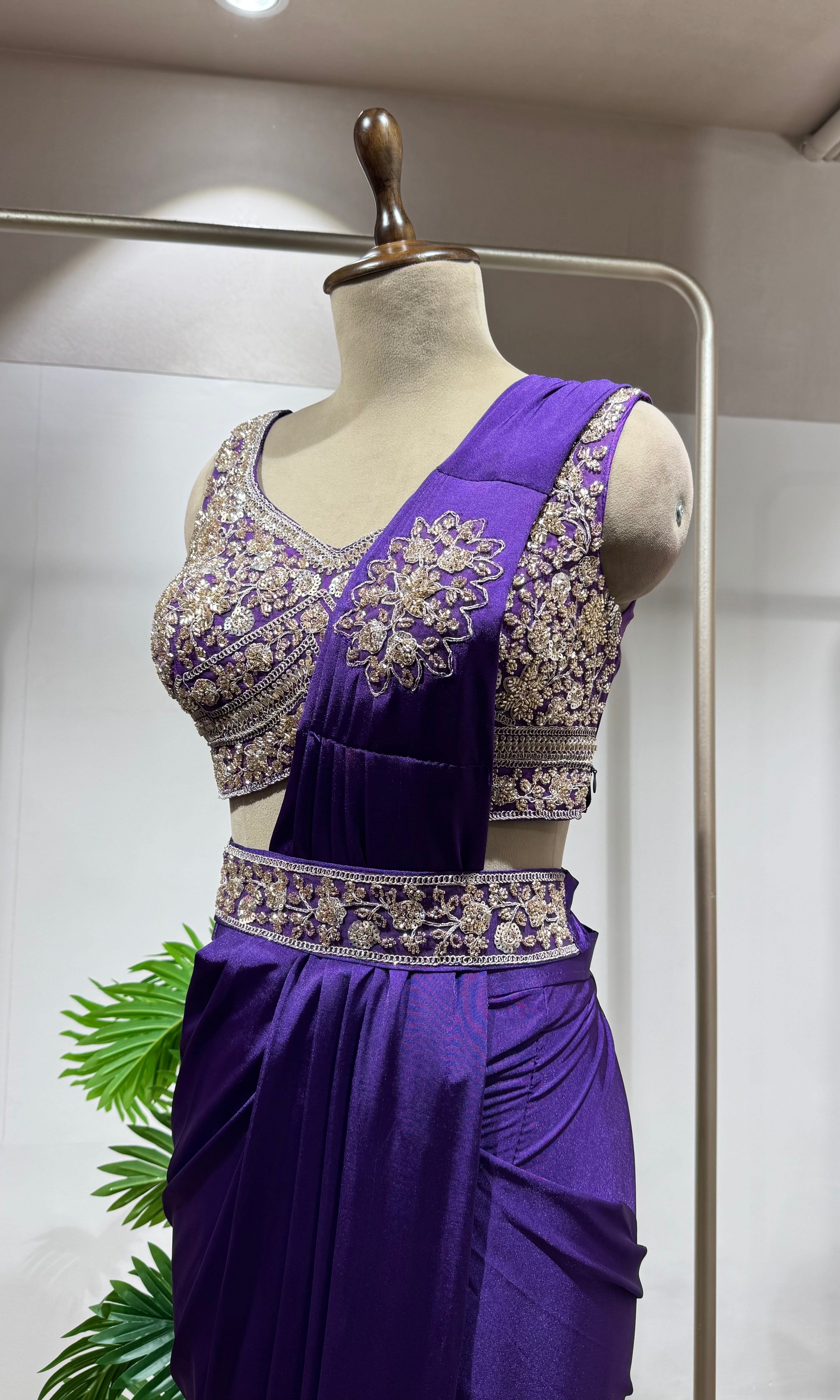 purple Draped Saree with Embellished Blouse & belt