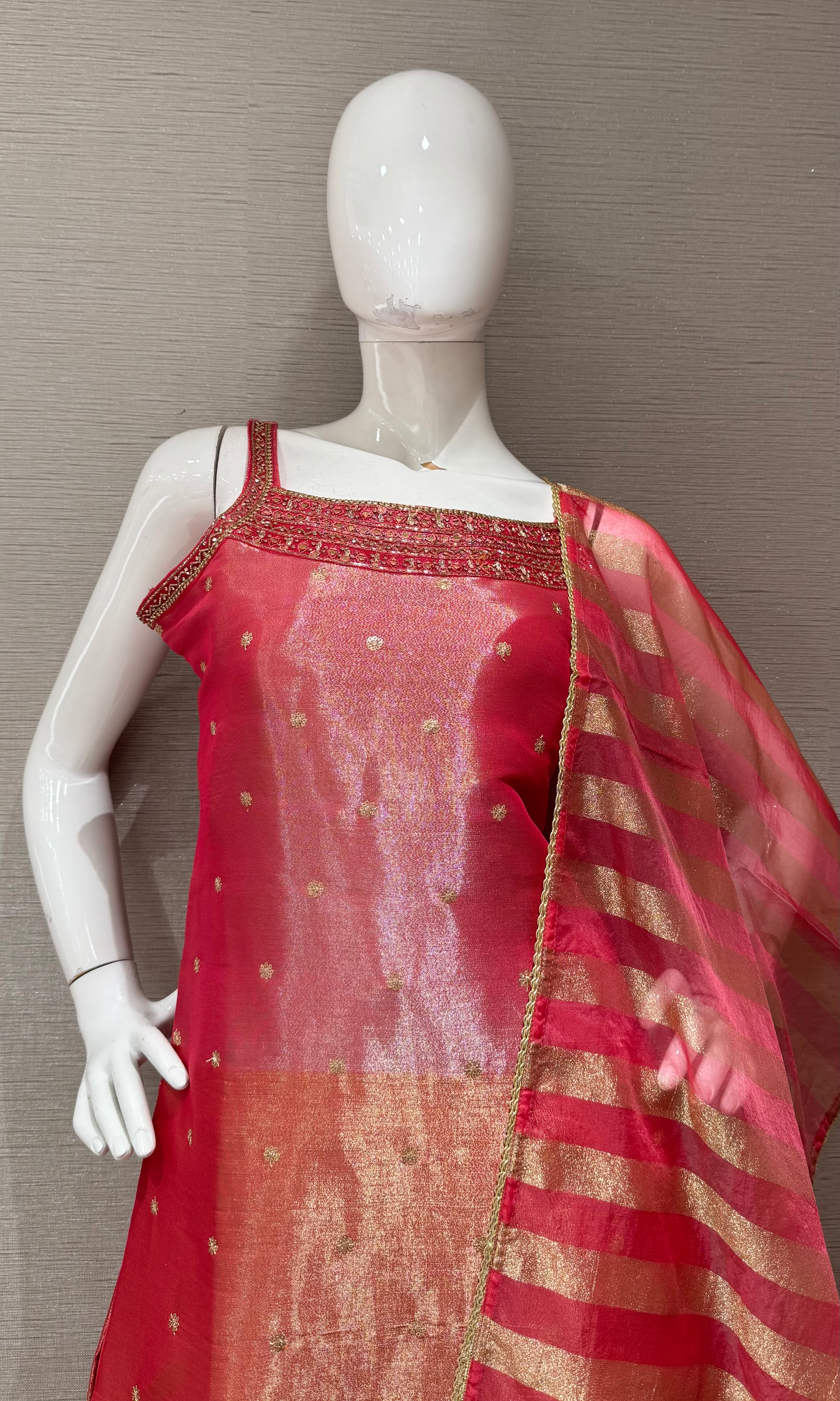 Pink and Gold Zari Sharara set with Sheer Dupatta