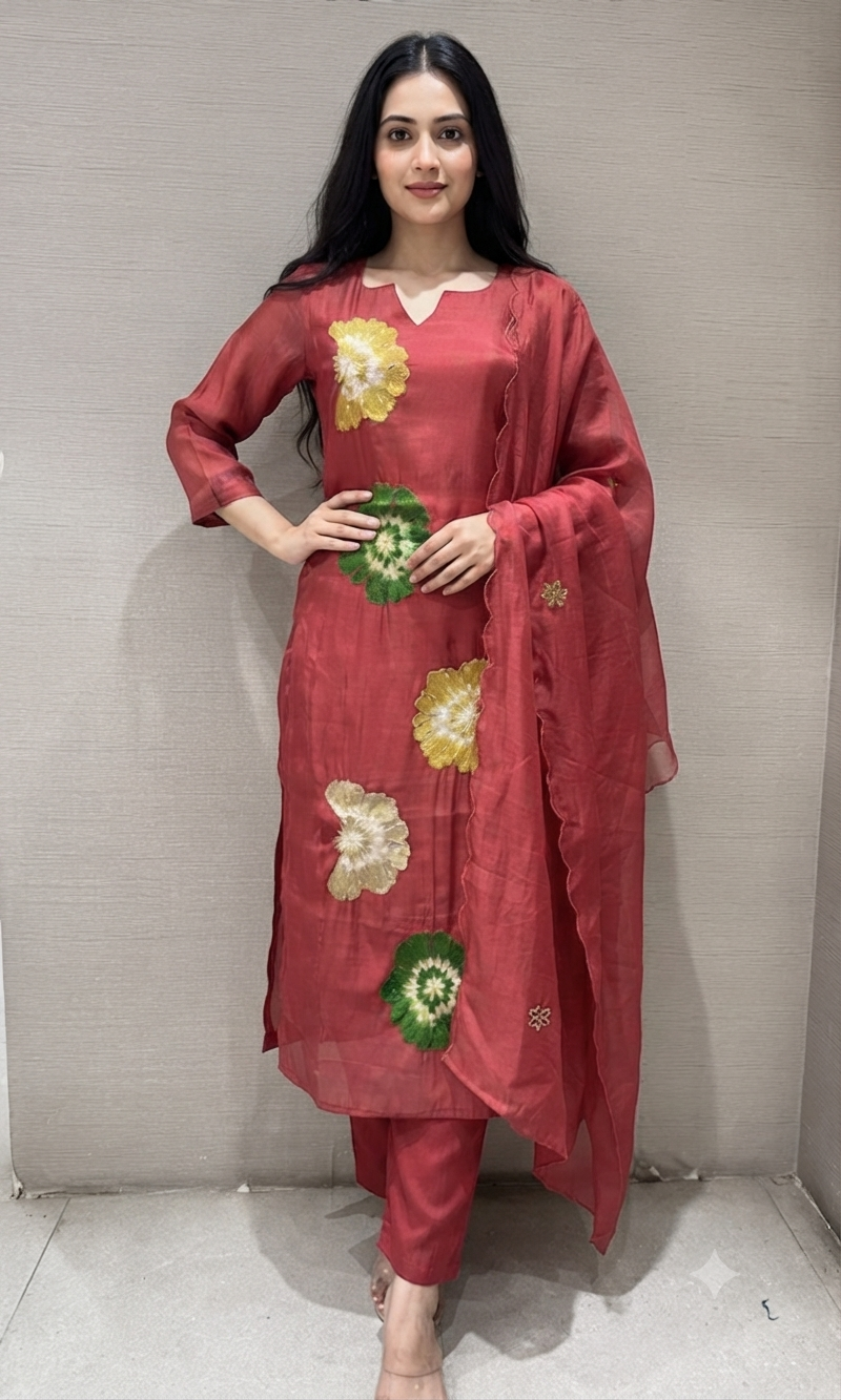 Maroon cotton silk Floral Motif Kurta set with dupatta