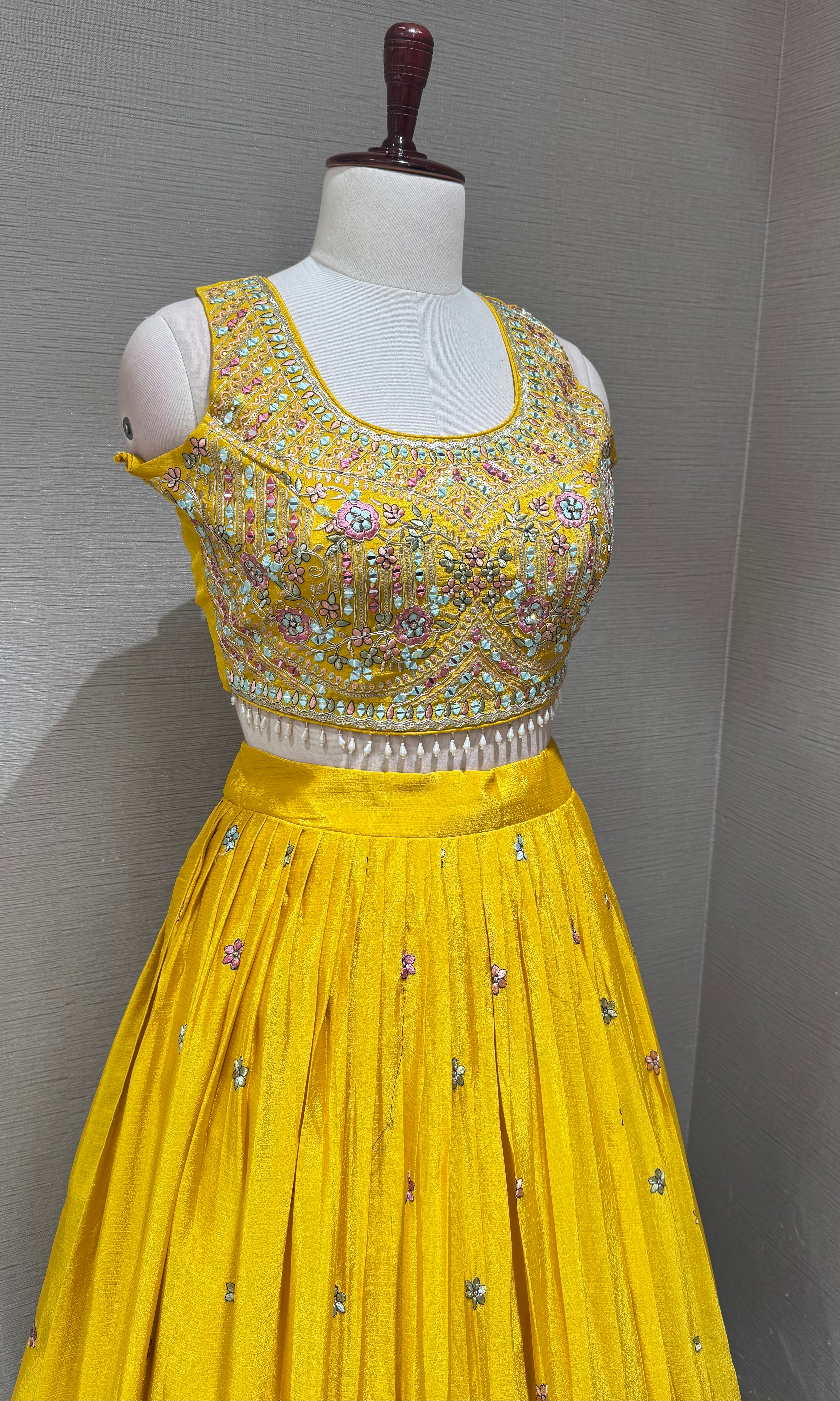 Yellow tissue silk Lehenga Set with Intricate Floral Embroidery