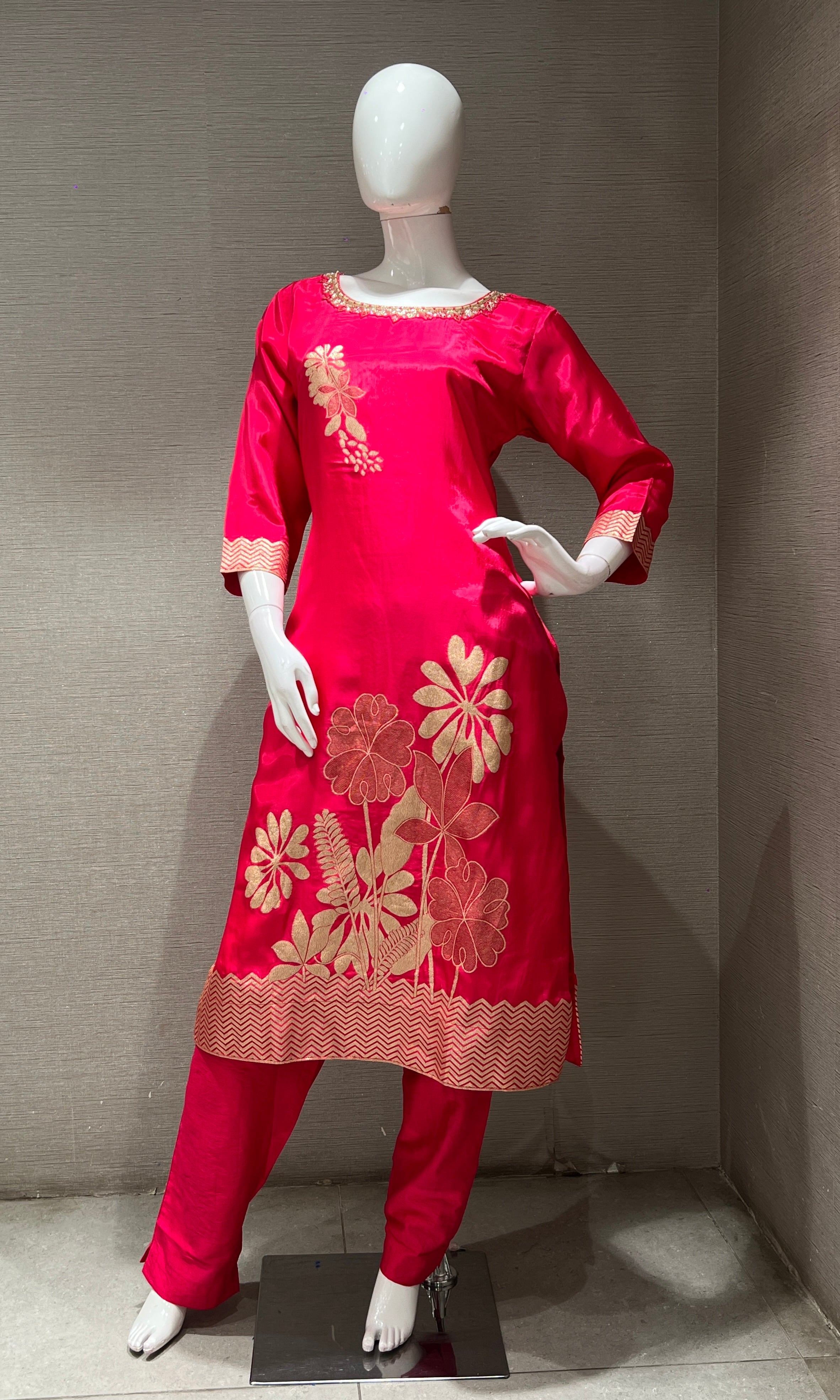 rani pink golden FLORAL kurta seT