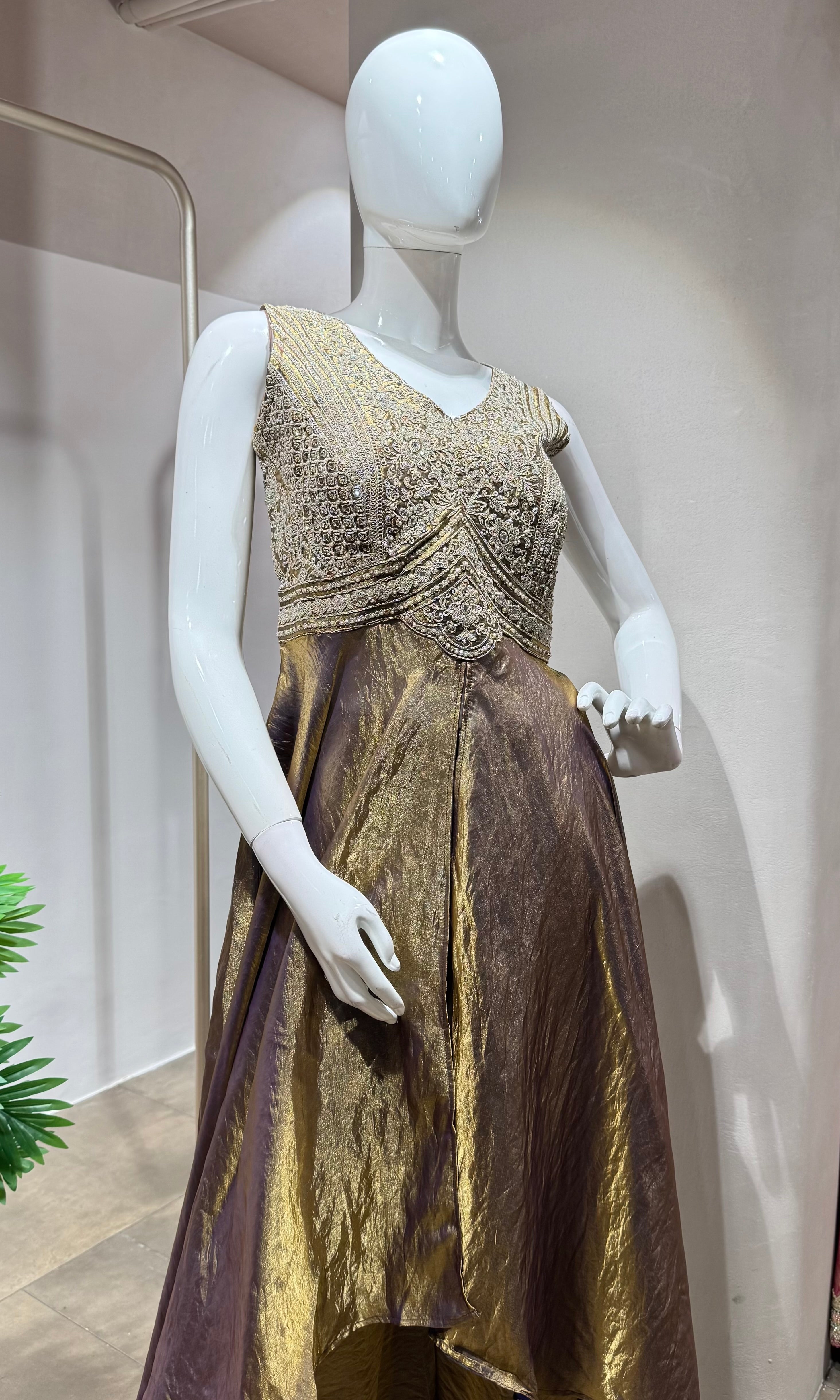 Brown gold shimmer tissue A line anarkali
