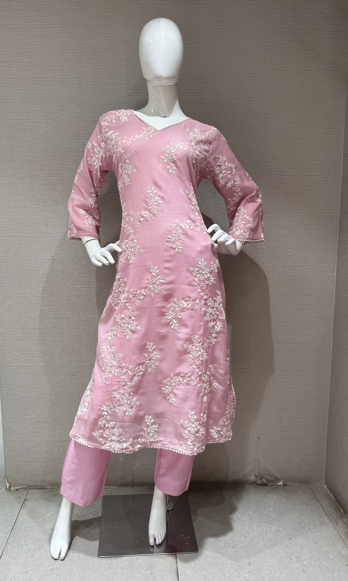 Light Pink Floral cotton Kurta Set with Sheer Dupatta