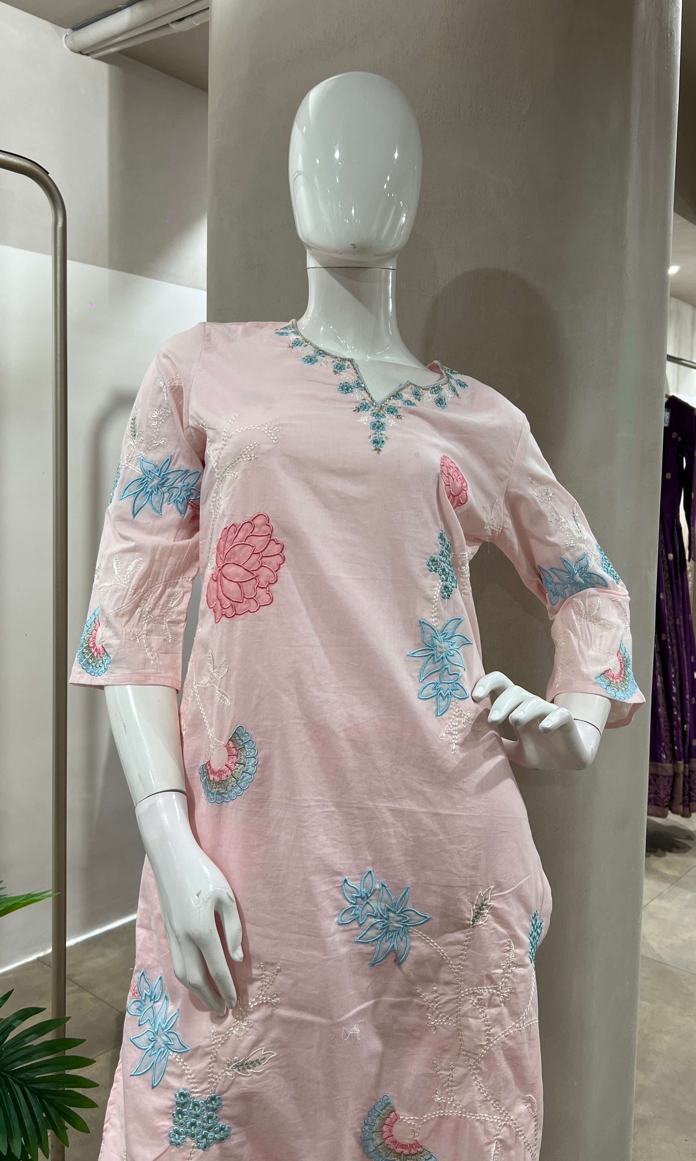 PINK FLORAL MOTIFS COTTON KURTA SET