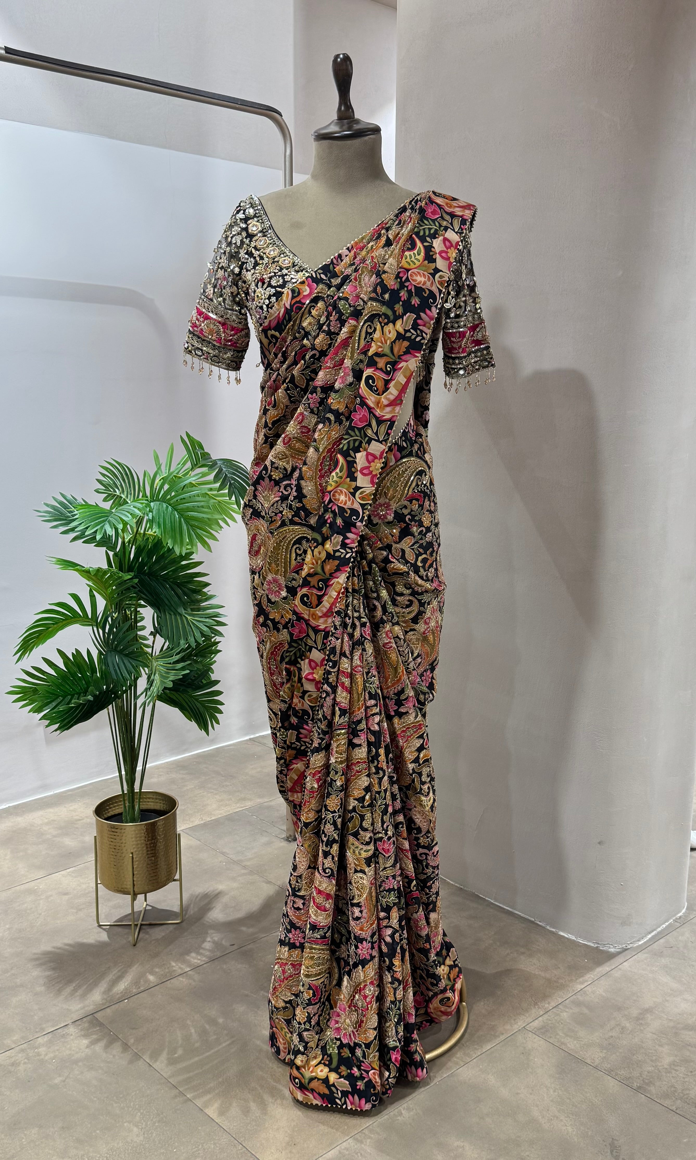DESIGNER BLACK PAISLEY WORK SAREE WITH BLOUSE