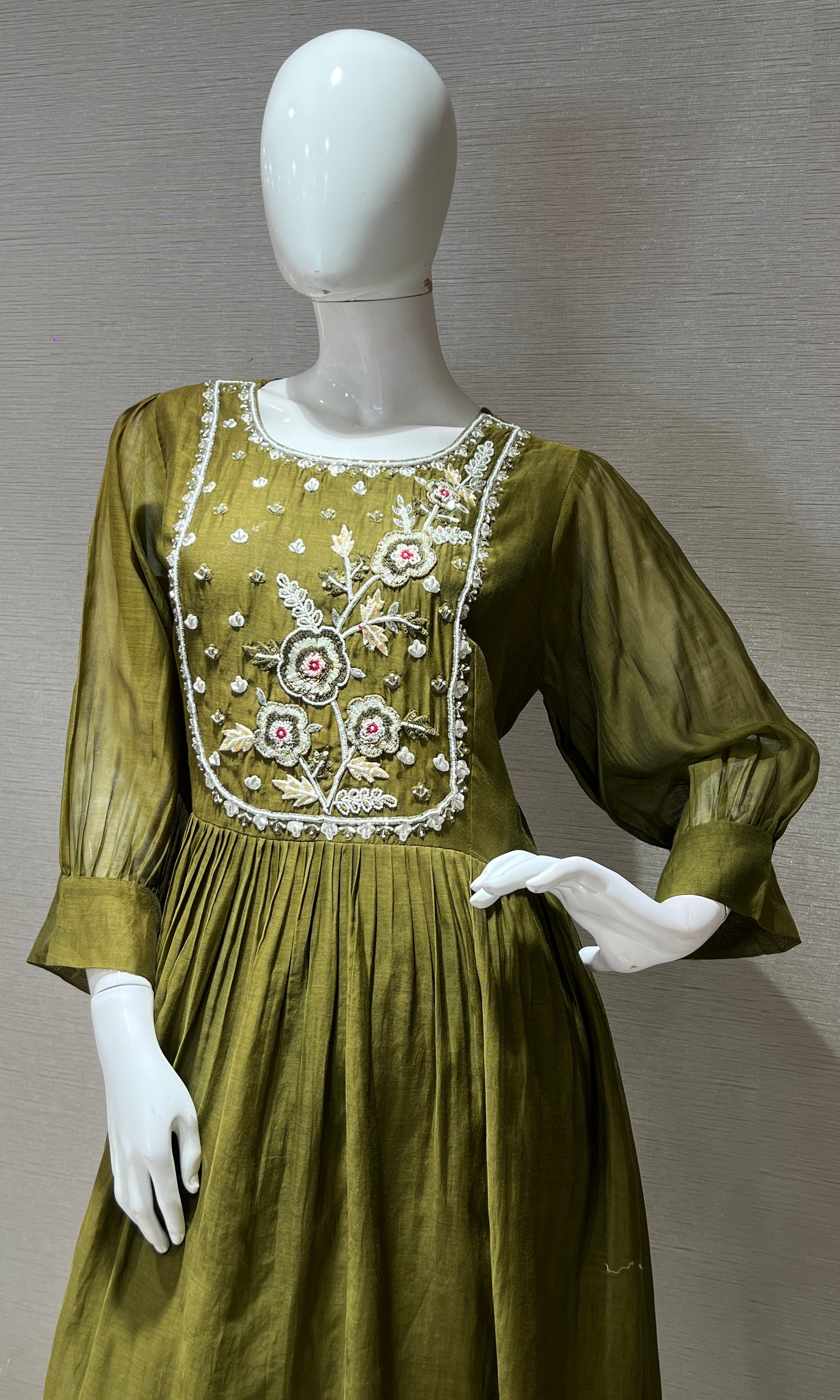 olive green Mul Chanderi kurta set