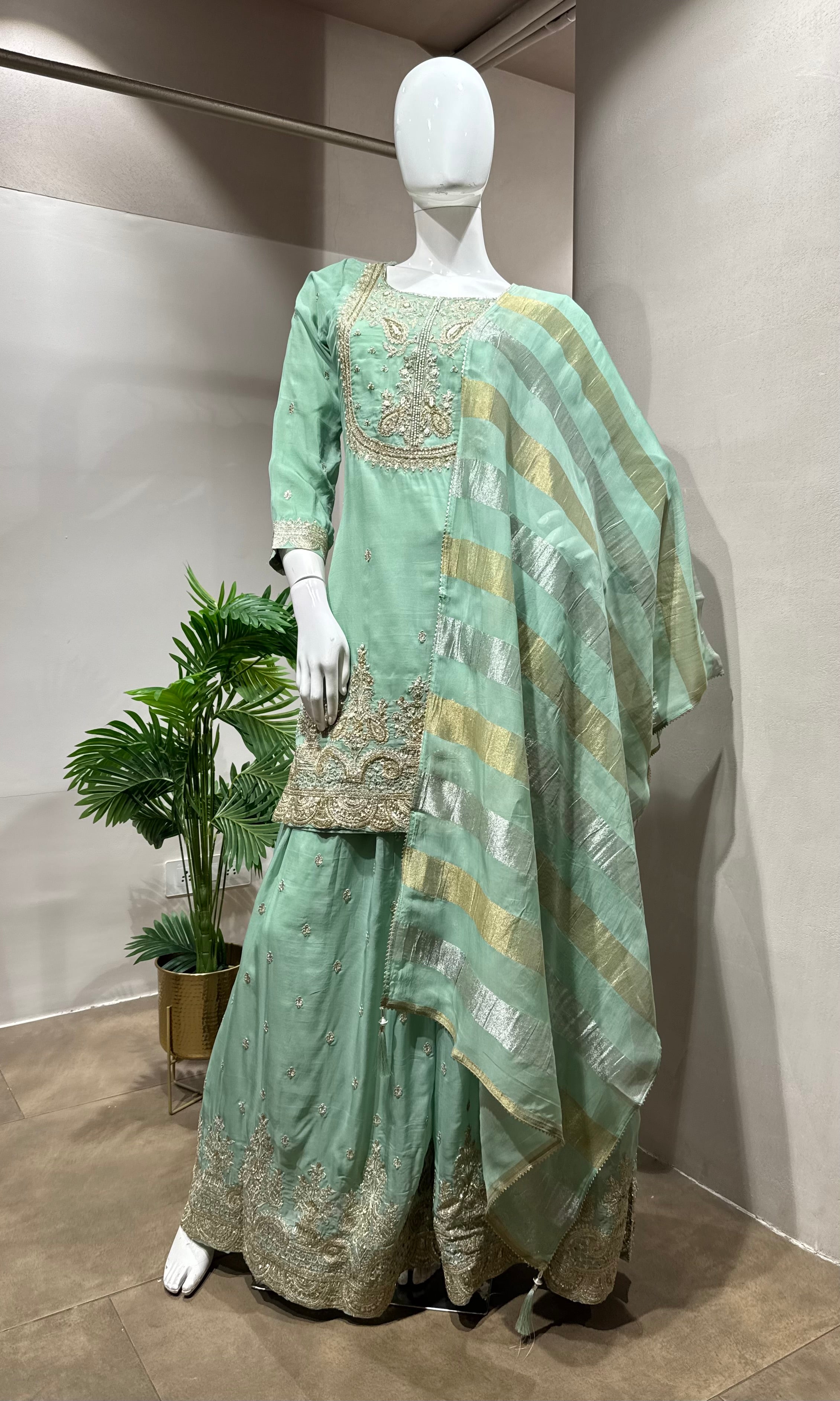 green silk embroidered sharara set