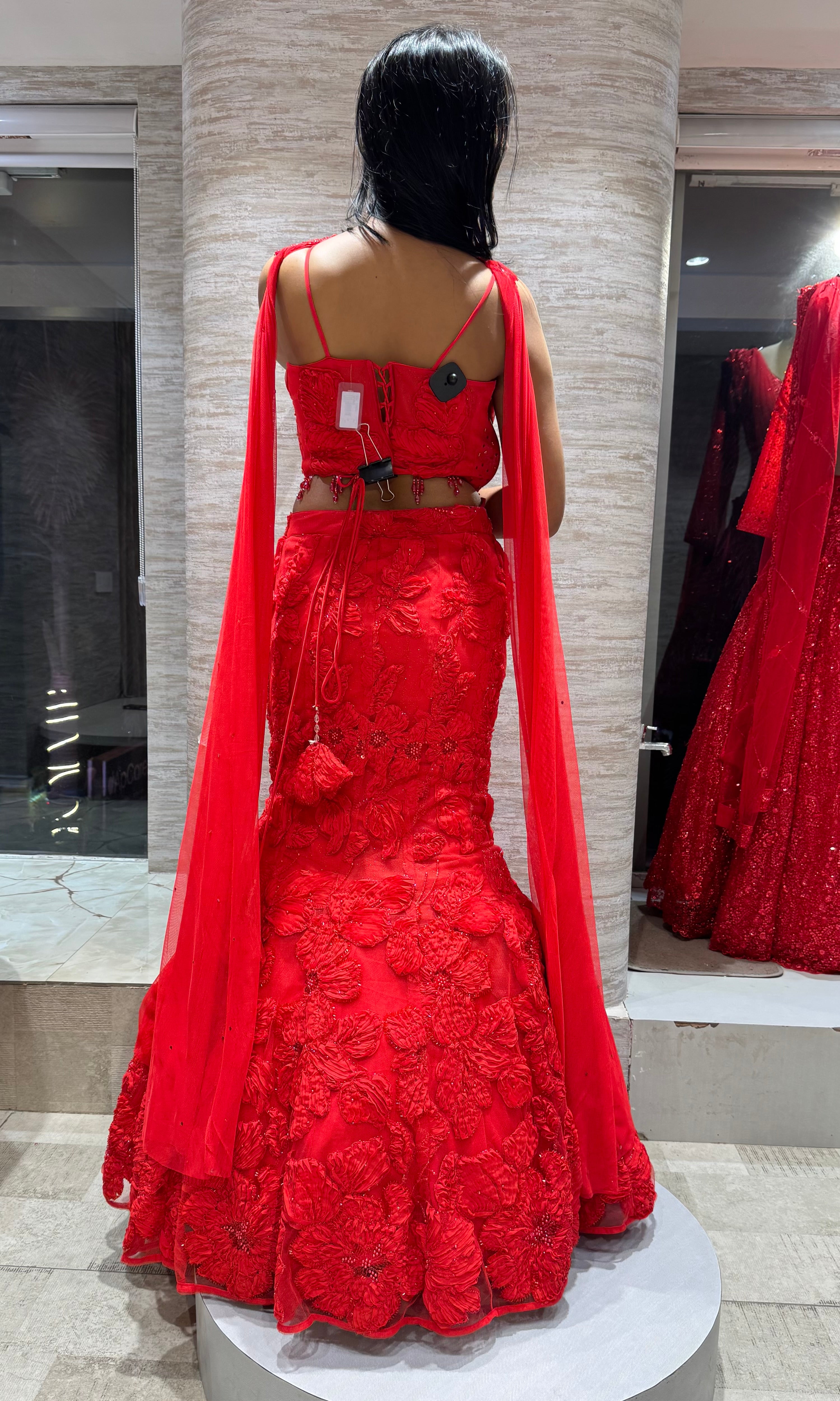 Crimson Floral Fish-Cut Lehenga