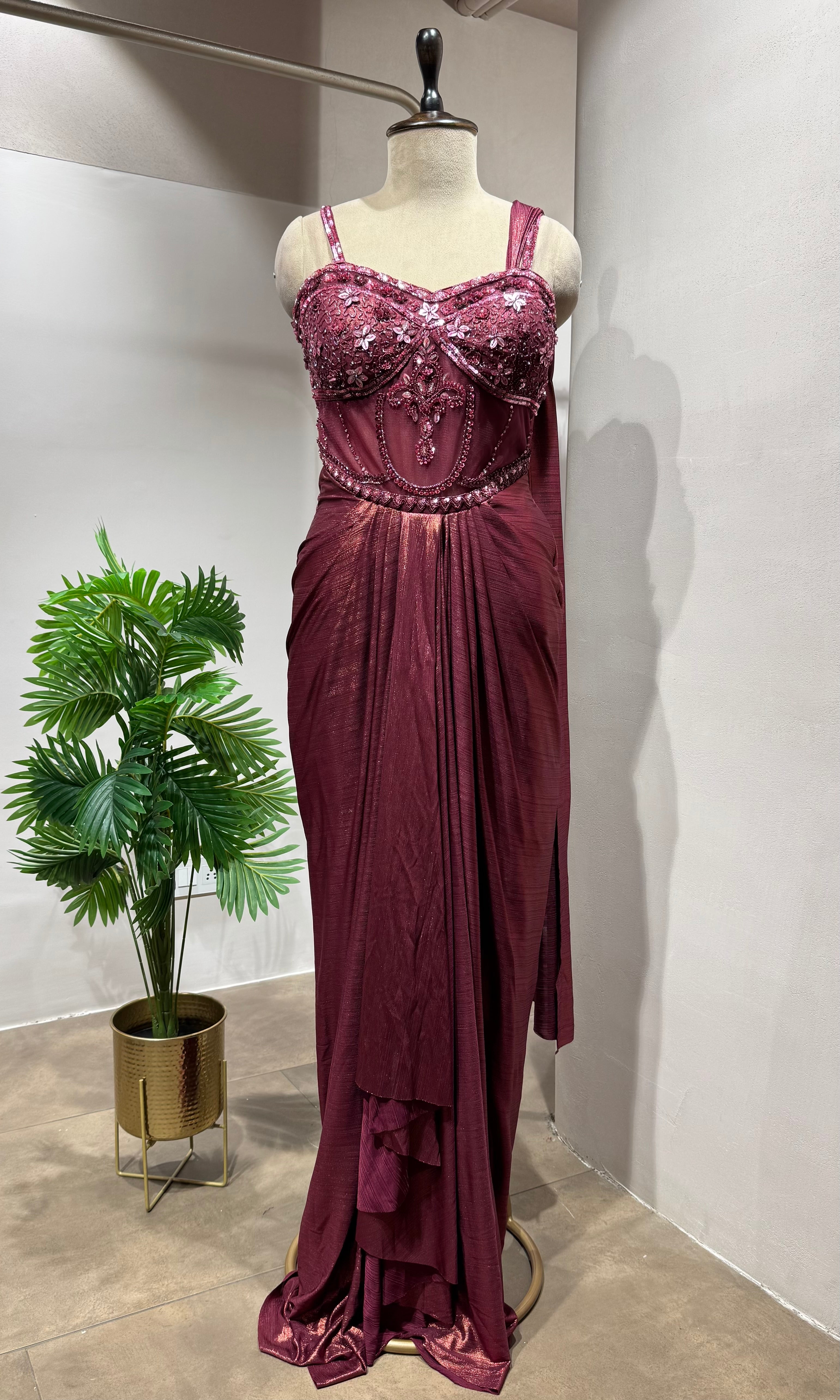 Maroon Draped Saree Embellished Gown