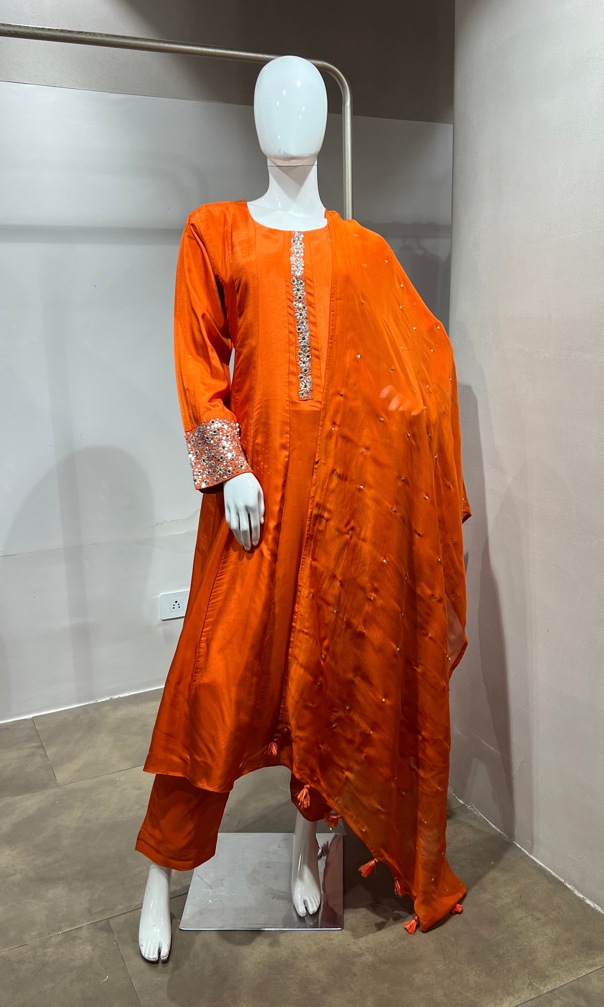 Orange Straight Kurta Set with Mirror Embroidery
