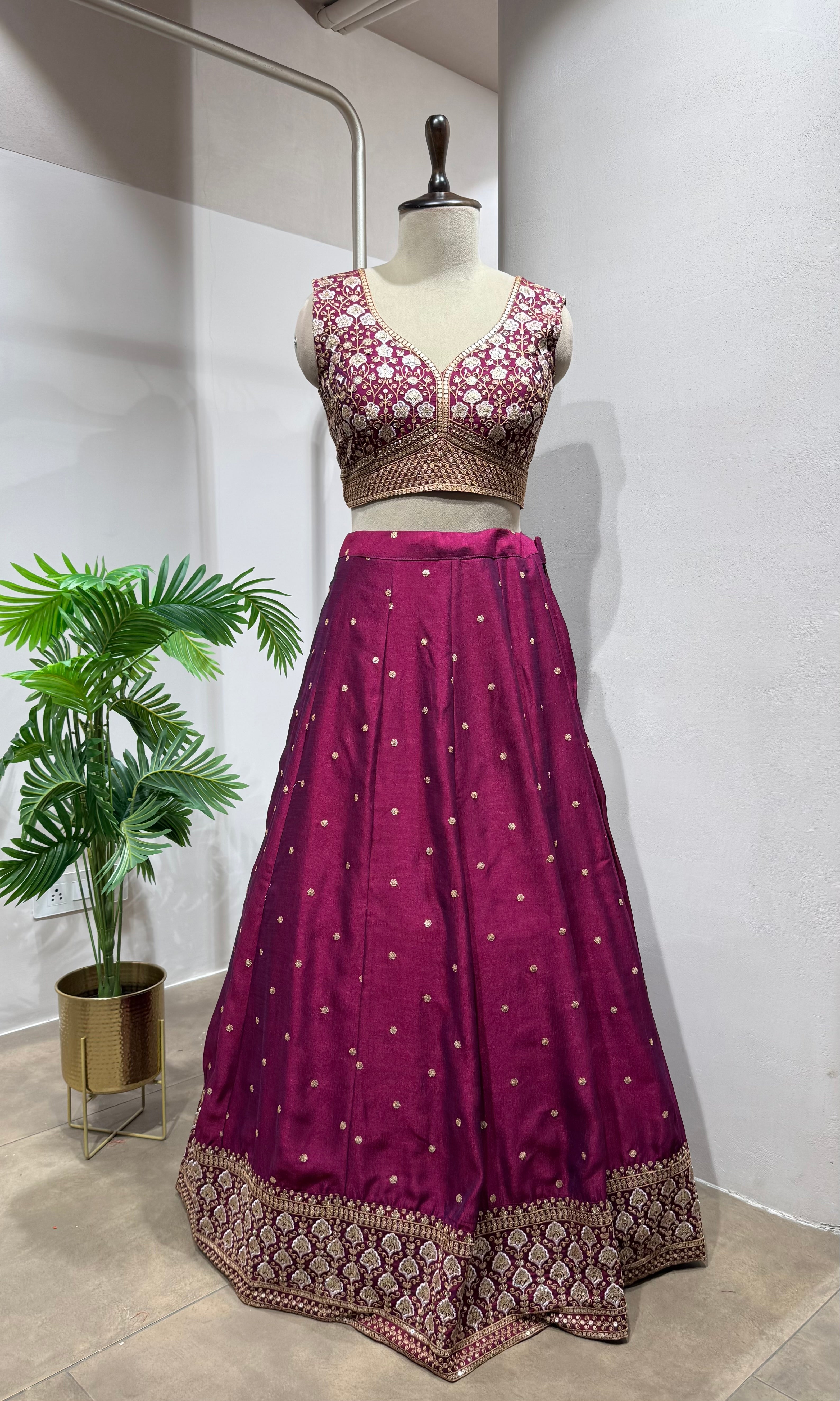 Wine Floral intricate Embroidery Lehenga