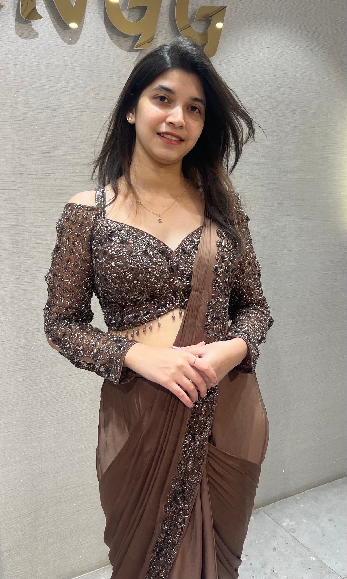 Chocolate Brown Draped Satin Saree Set