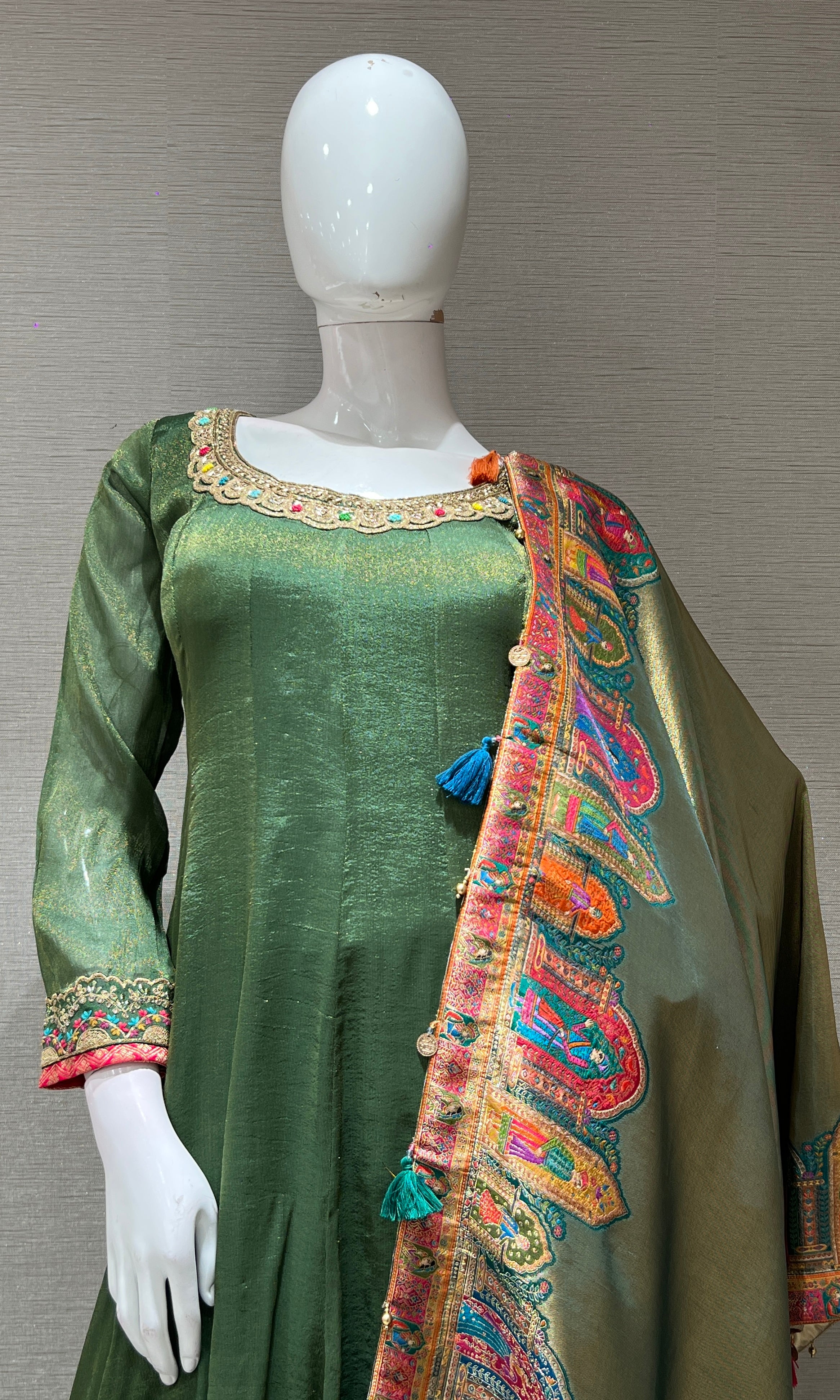 BOTTLE green ANARKALI WITH PRINTED DUPATTA