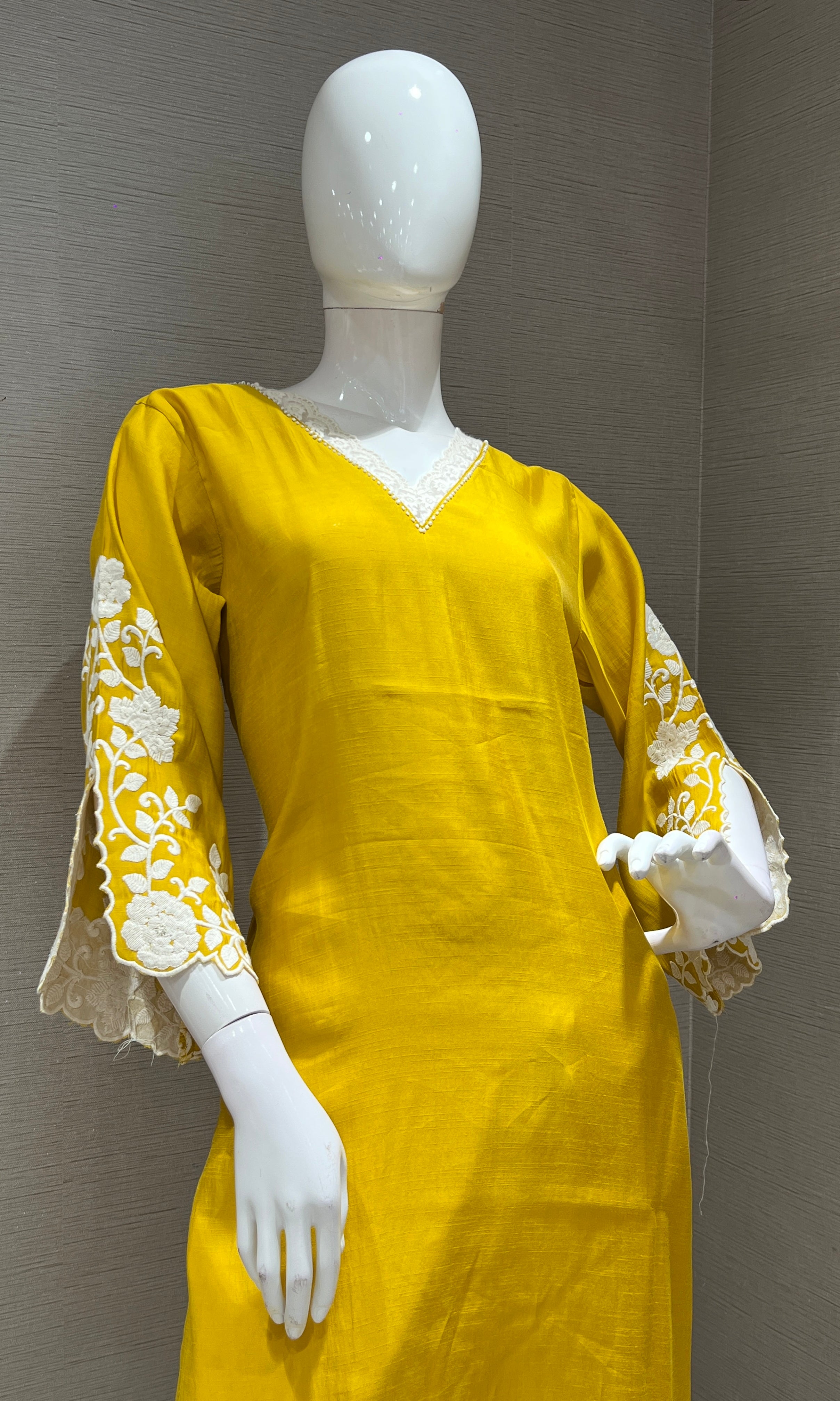Yellow KURTI TOP WITH FULL FLORAL SLEEVES