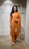 Orange leaf cotton kurta set with tassel dupatta