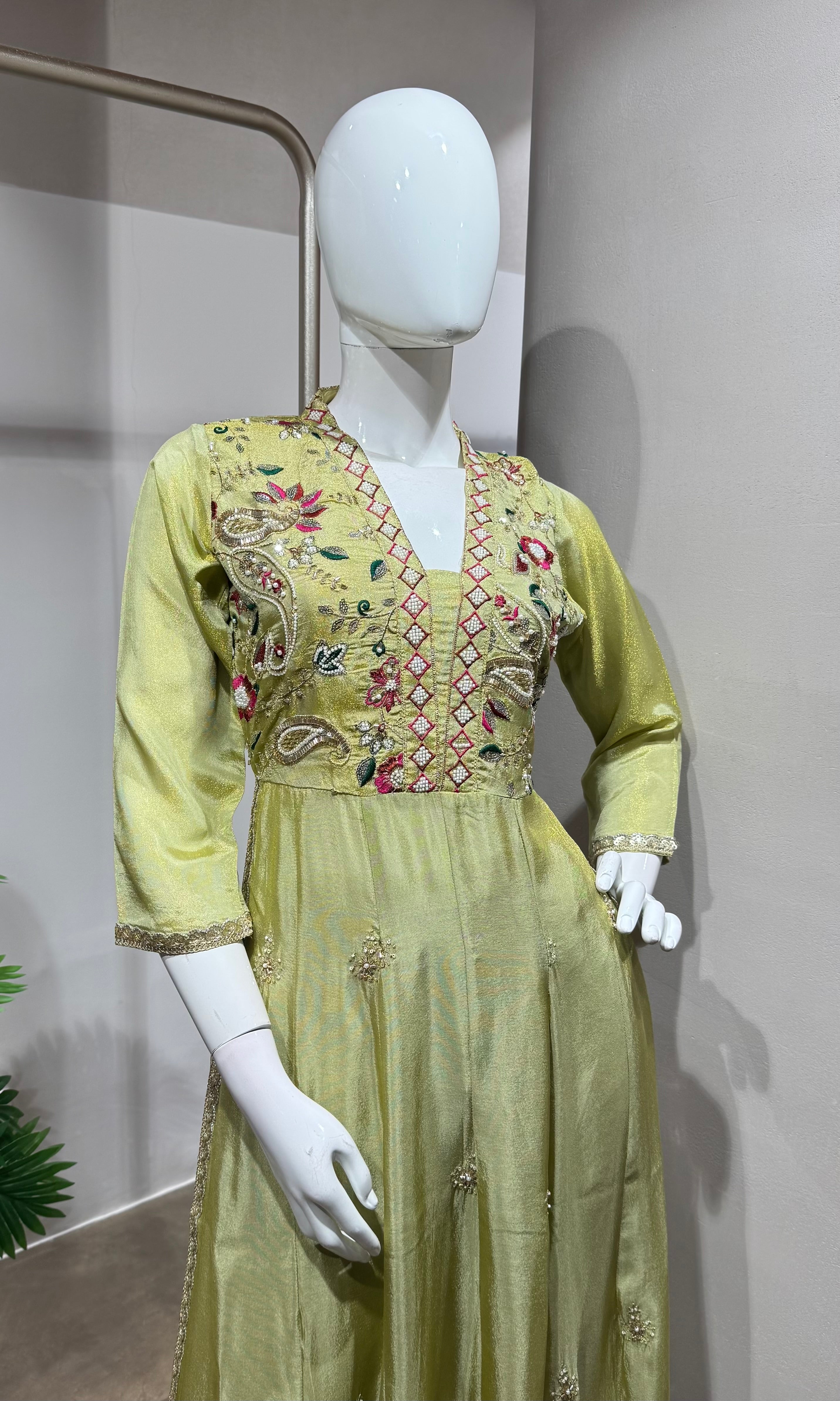 Pista Green Floral design Anarkali kurta set