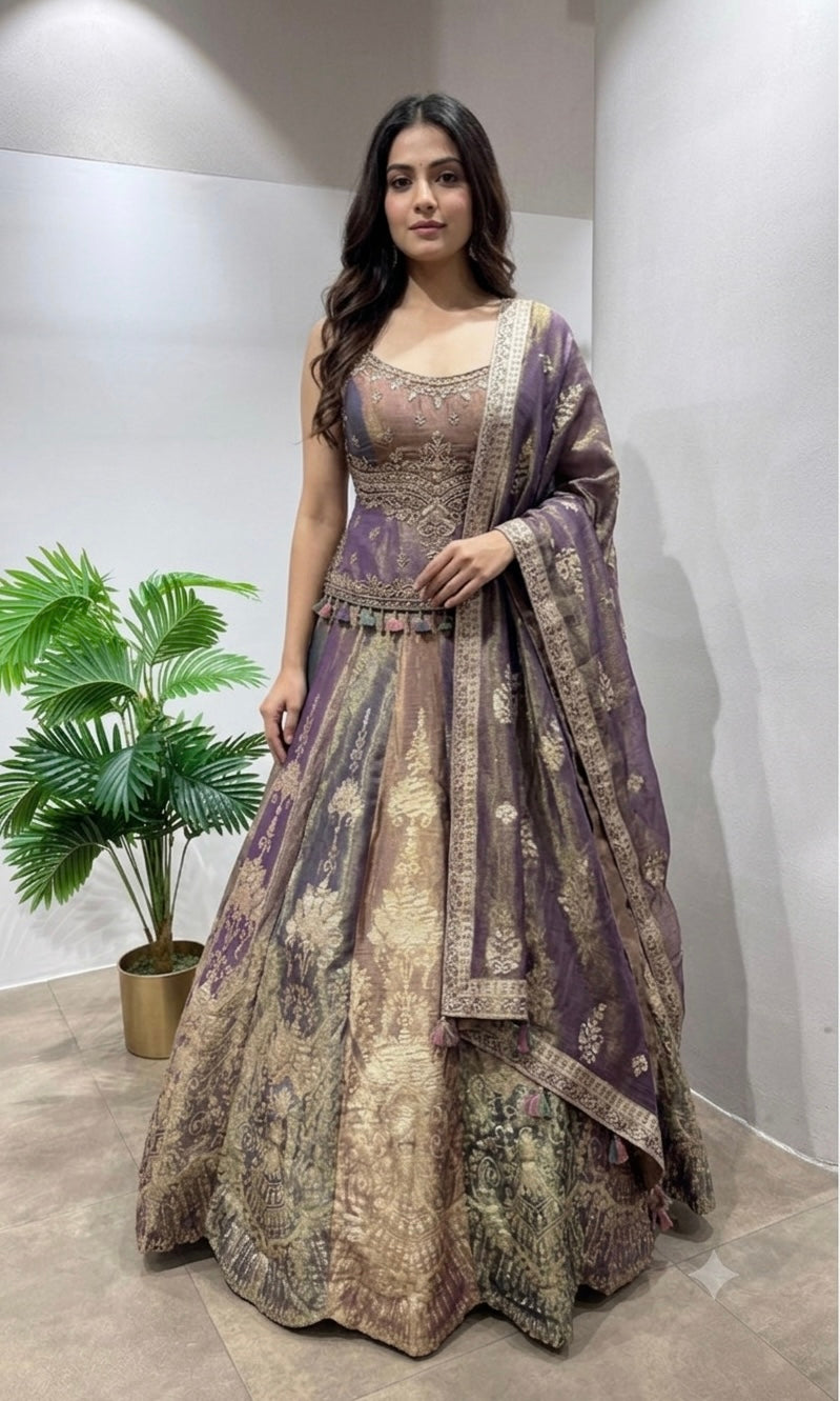 purple and gold embroidered lehenga