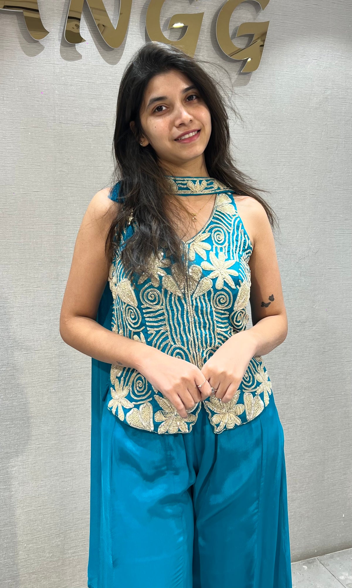 Rama silk gold floral embroidered peplum palazzo set