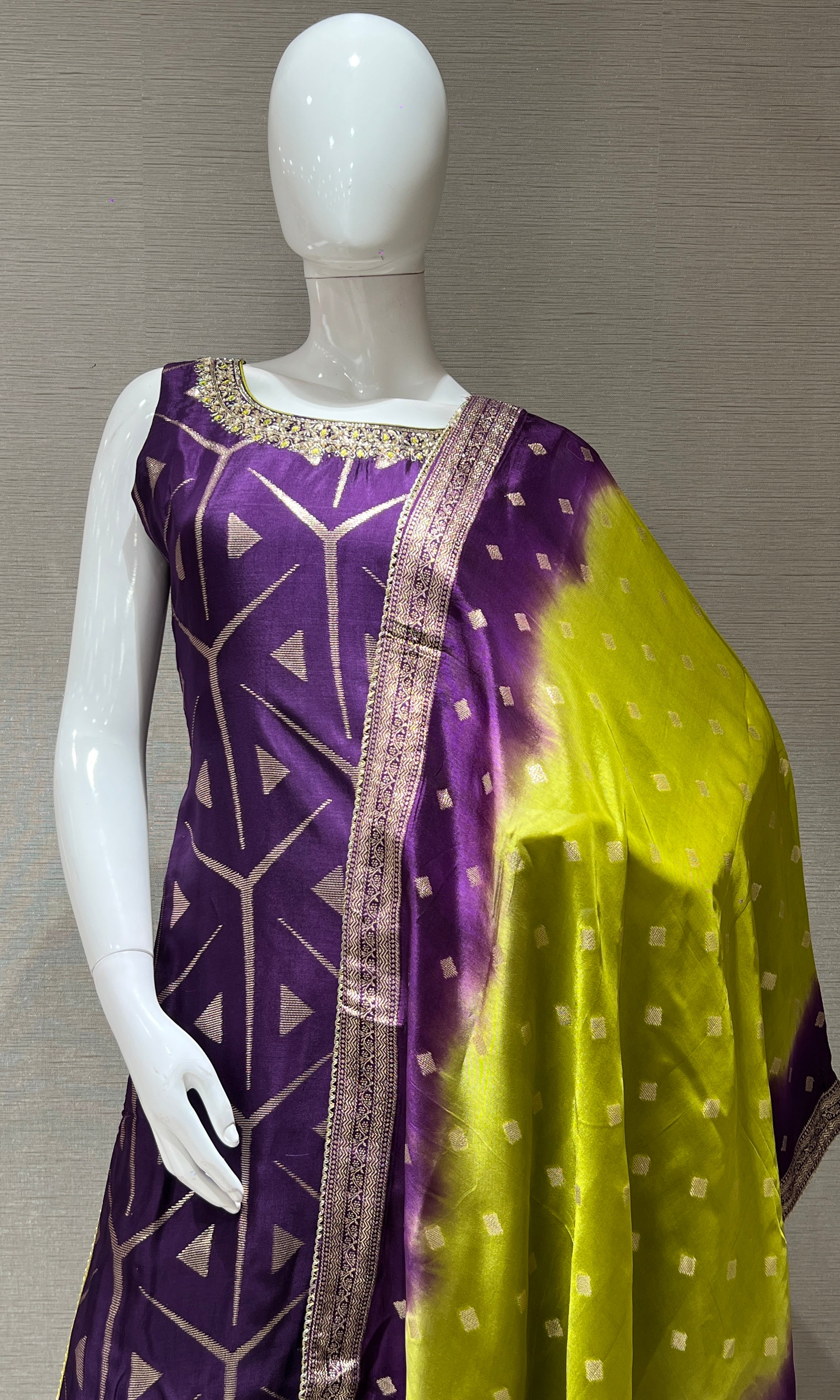 Purple Kurta set with Lime Shaded Dupatta