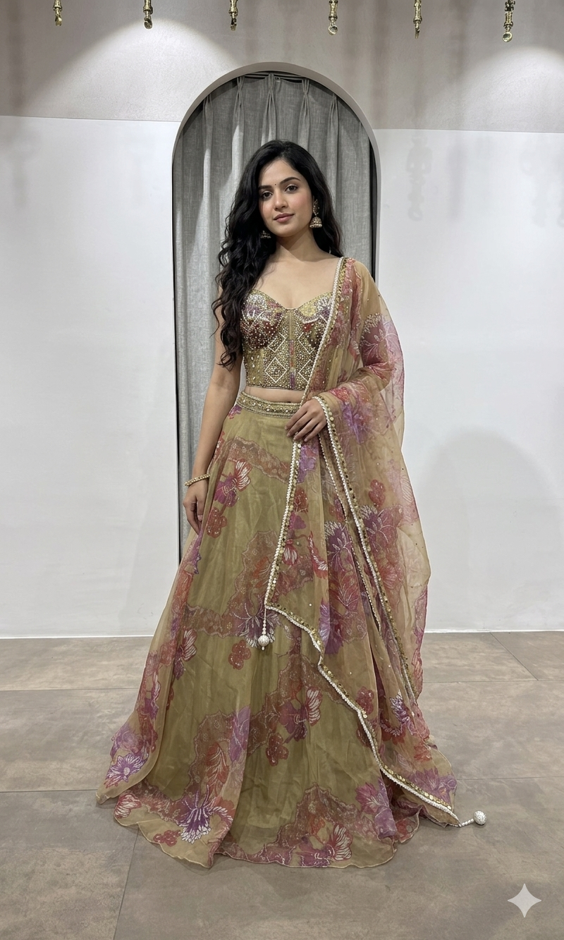 GREEN Floral Printed Corset Lehenga