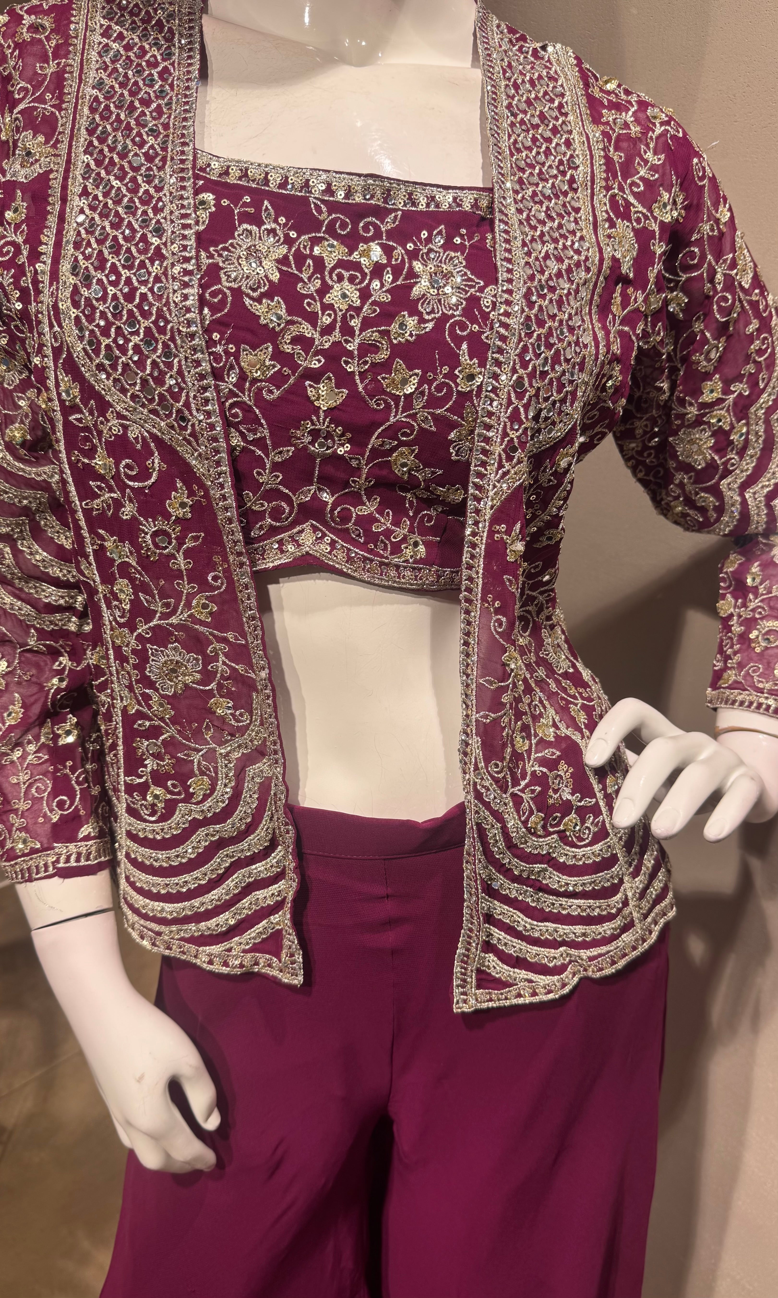 Wine Embroidered Jacket Palazzo Set