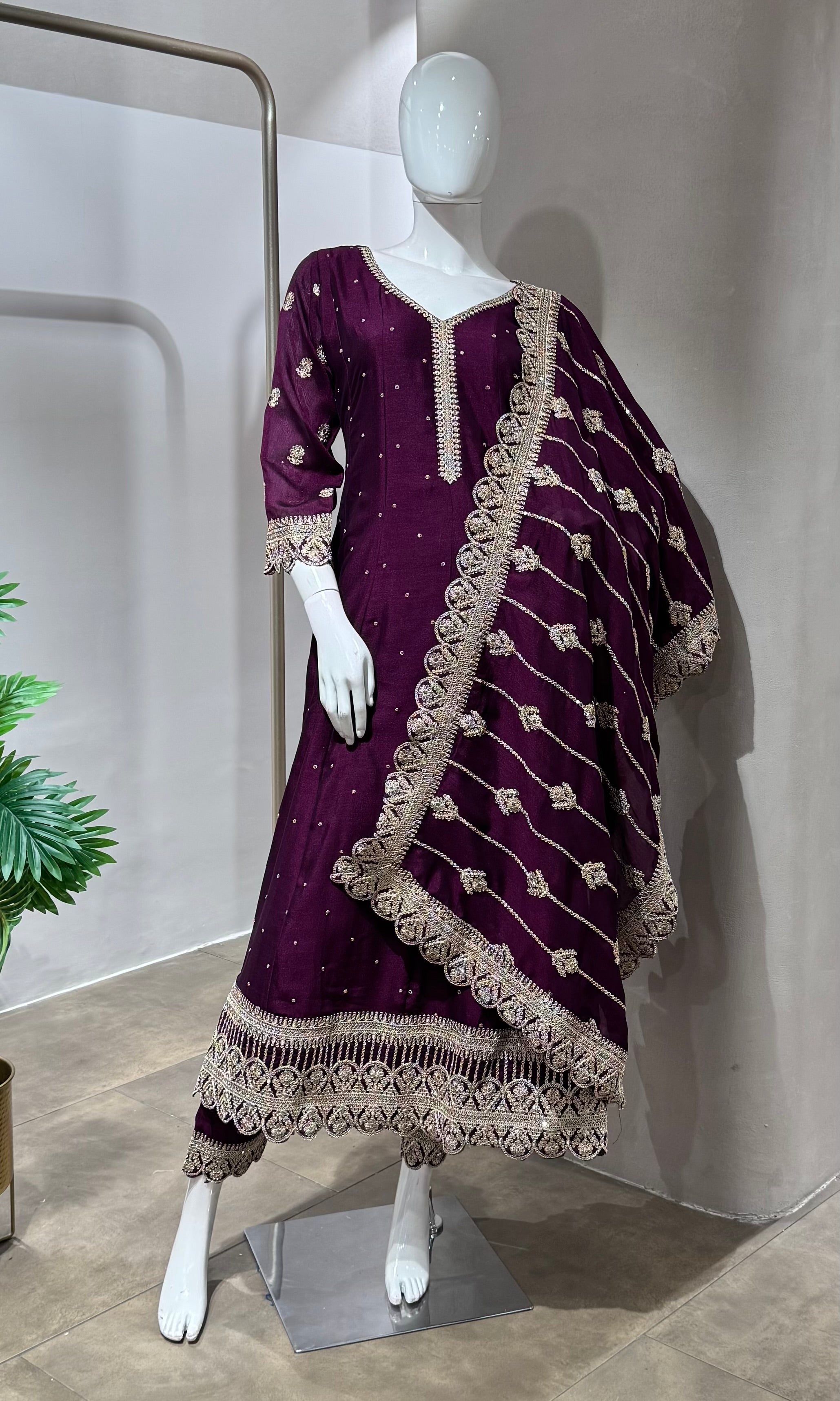 WINE GOLD EMBROIDERY ANARKALI