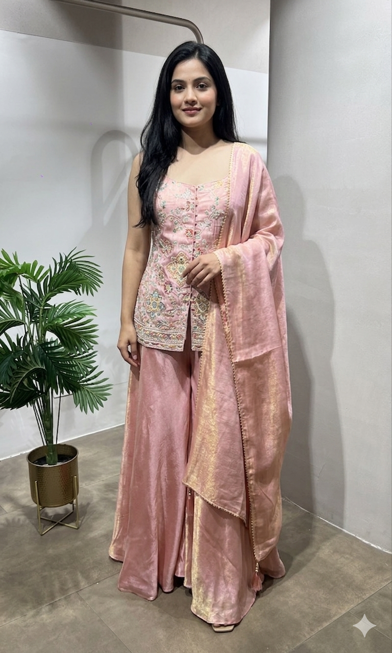 Peach Shimmer Tissue Peplum Suit
