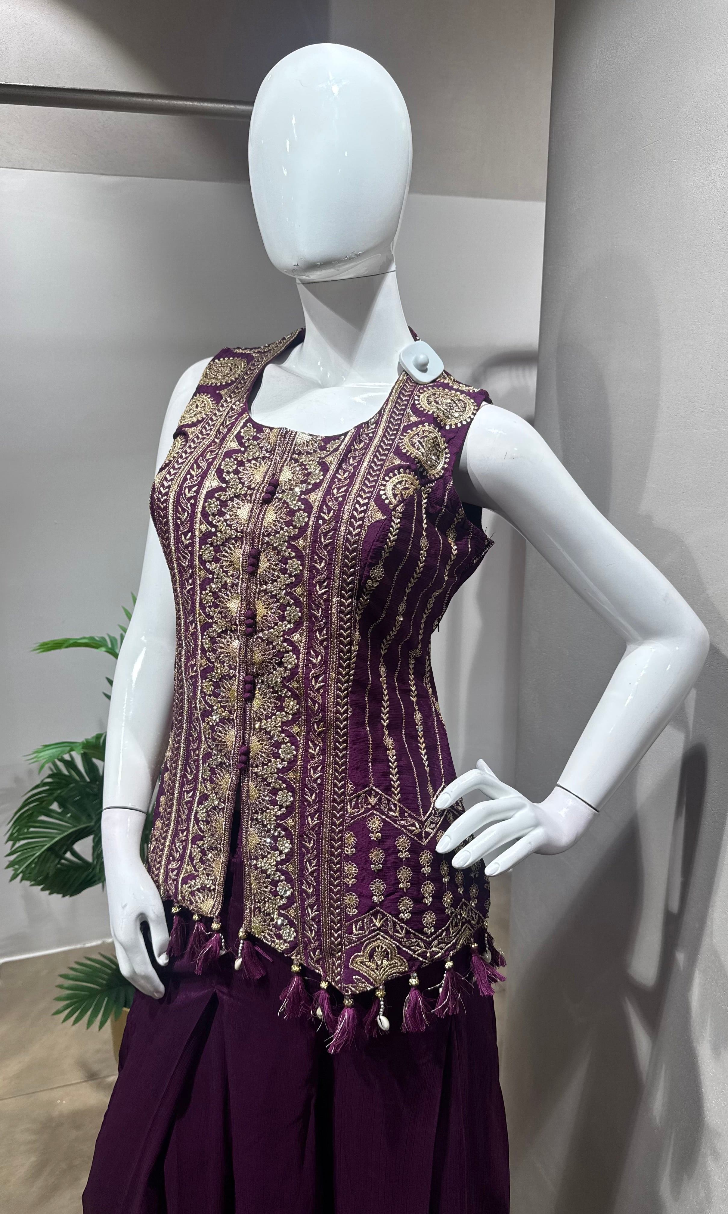 Wine Embroidered Indo-Western Palazzo set