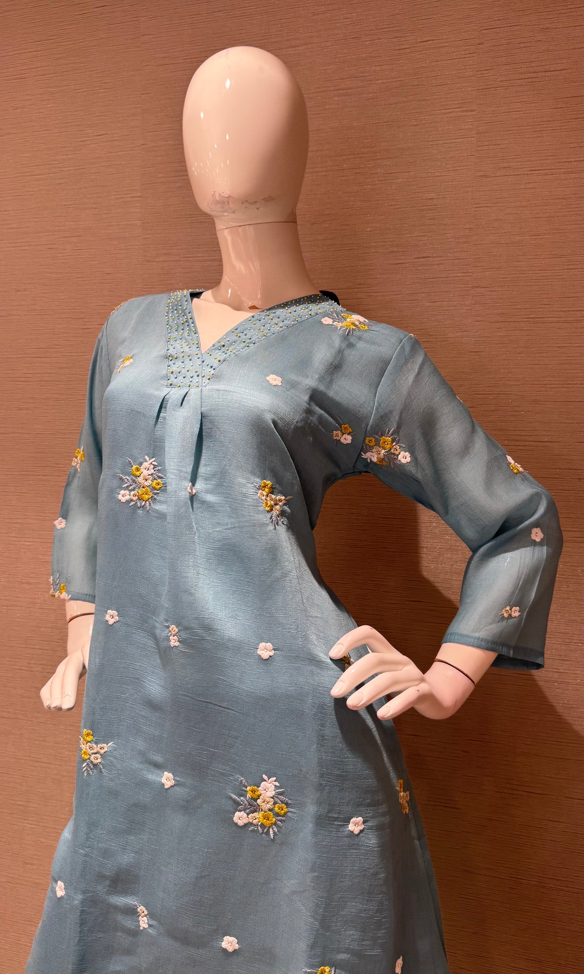 Light Blue Chanderi Kurta Set with Gold Zari Border Dupatta