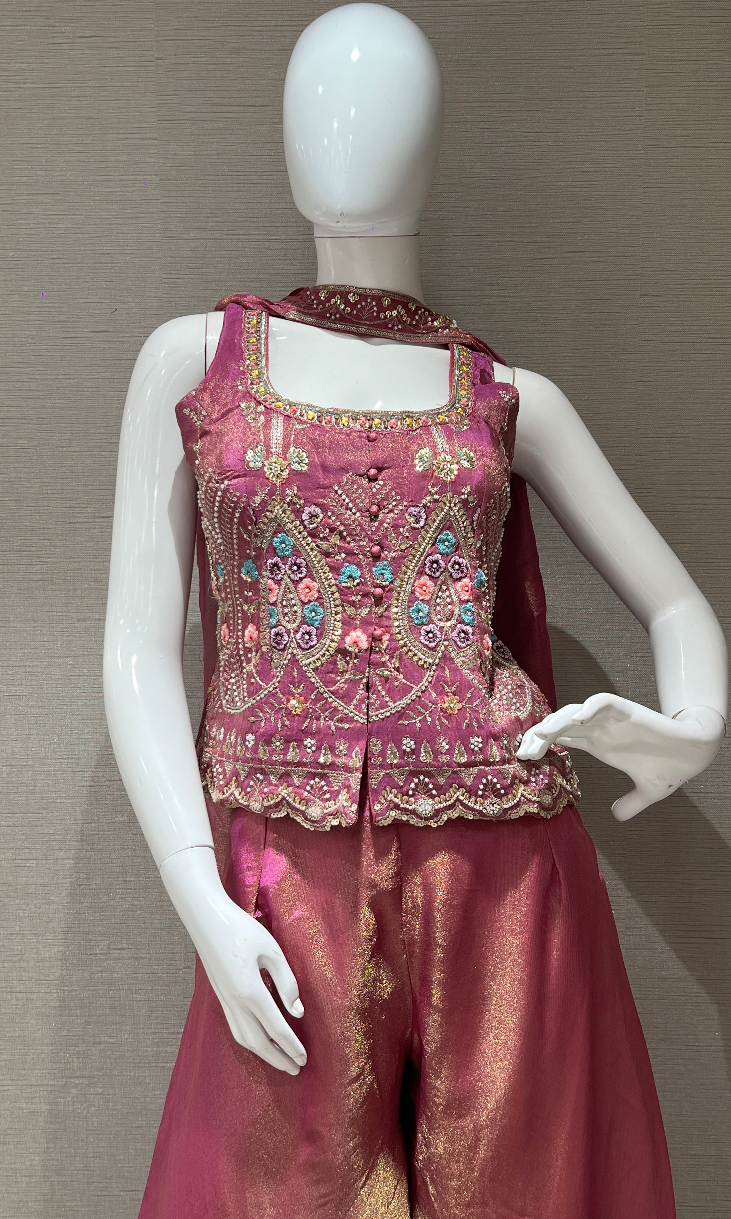 Onion Pink Embroidered Palazzo SET