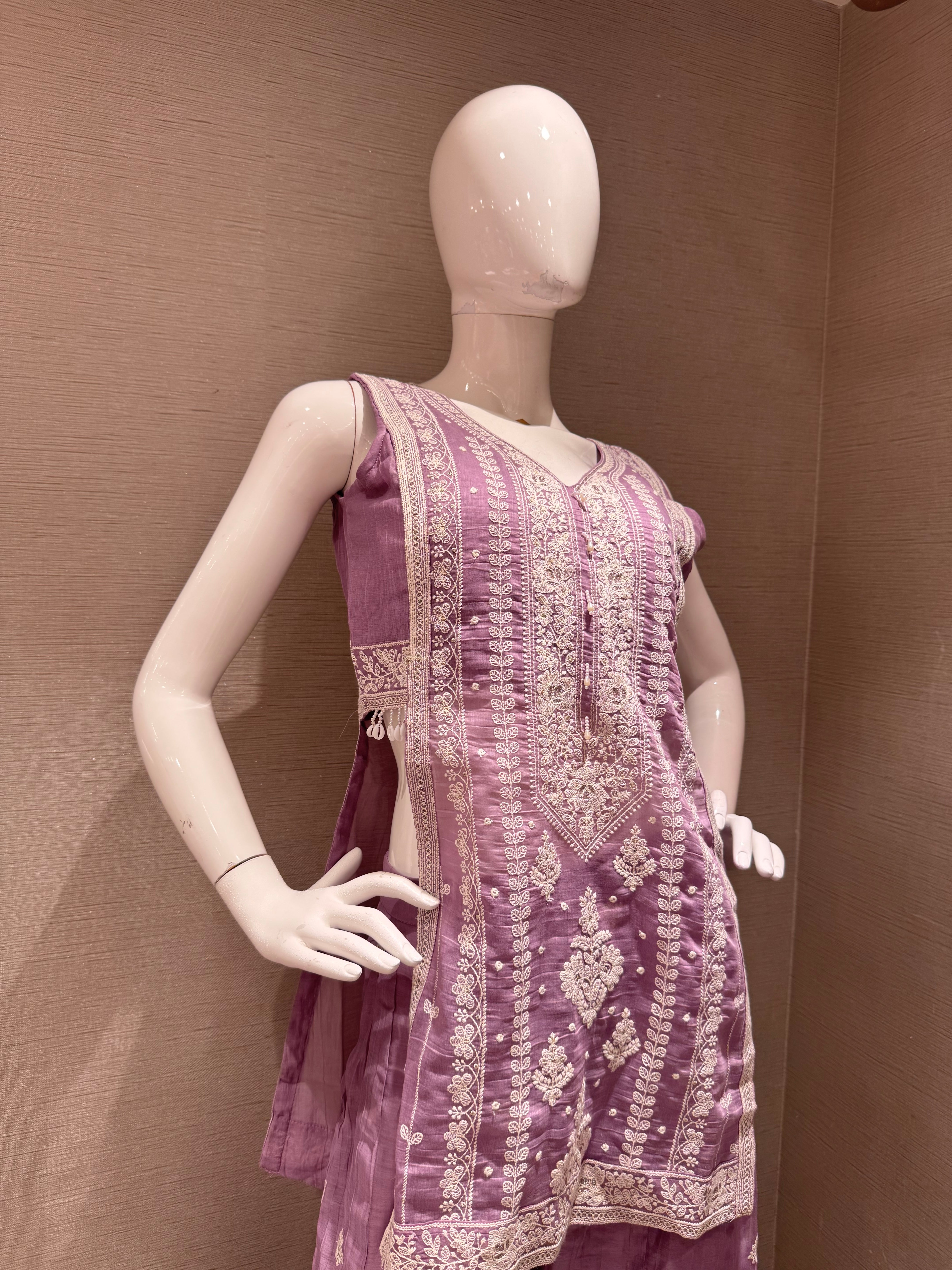 lavander Embroidered Shimmer Silk Palazzo Set