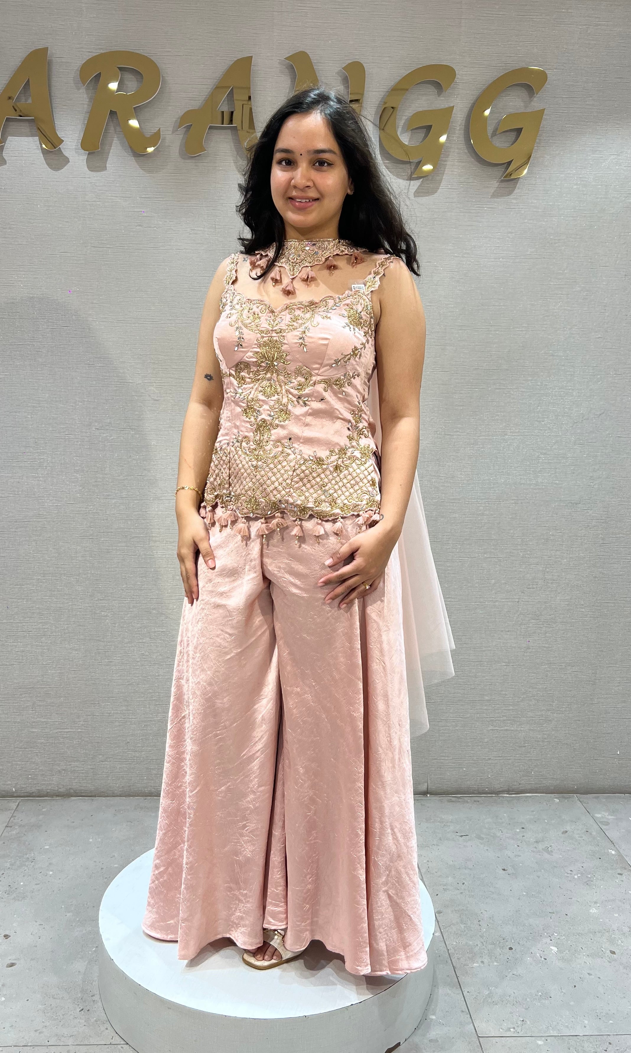 Baby Pink Satin Palazzo Ensemble with Gold Embroidery