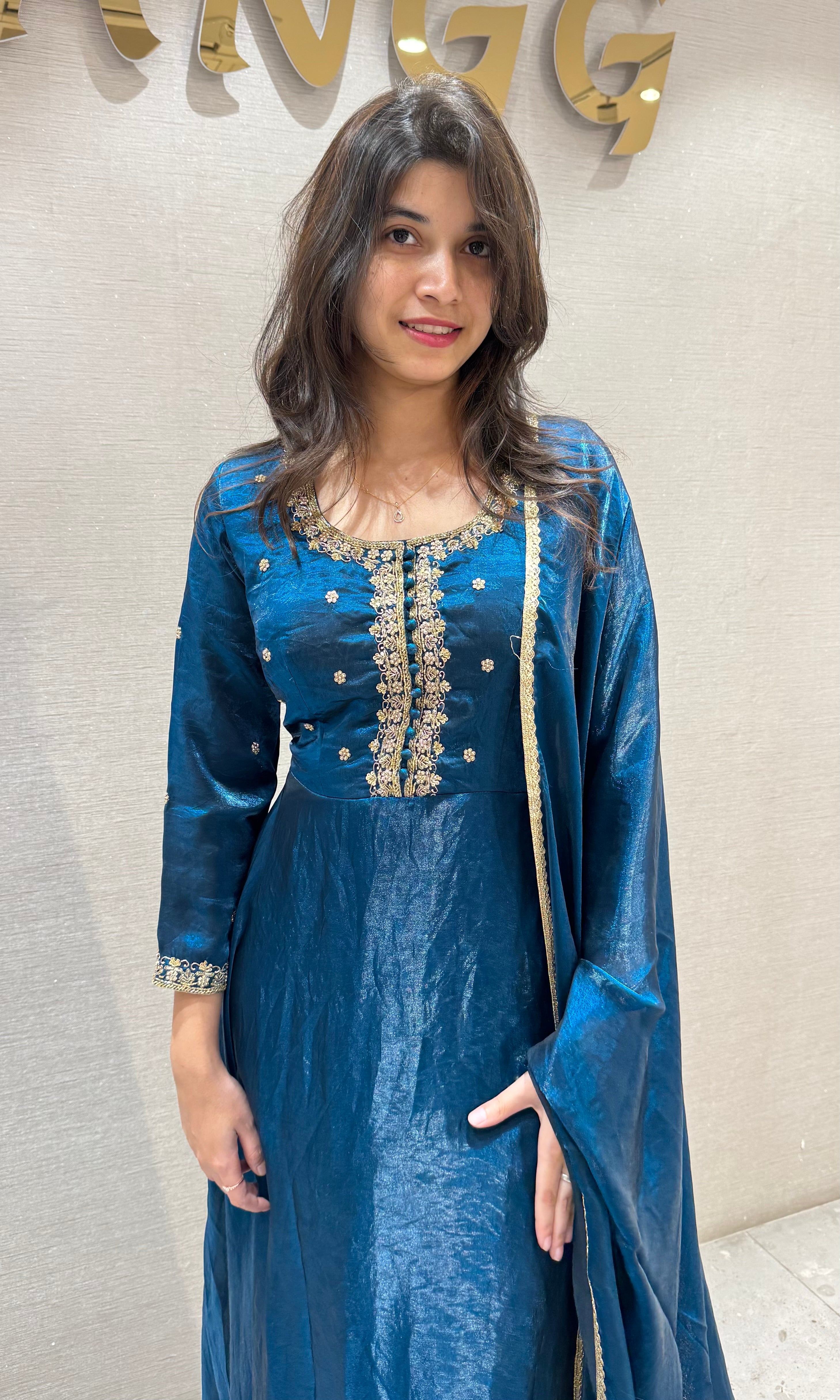 Teal Blue Embroidered Flared Anarkali Set with Dupatta