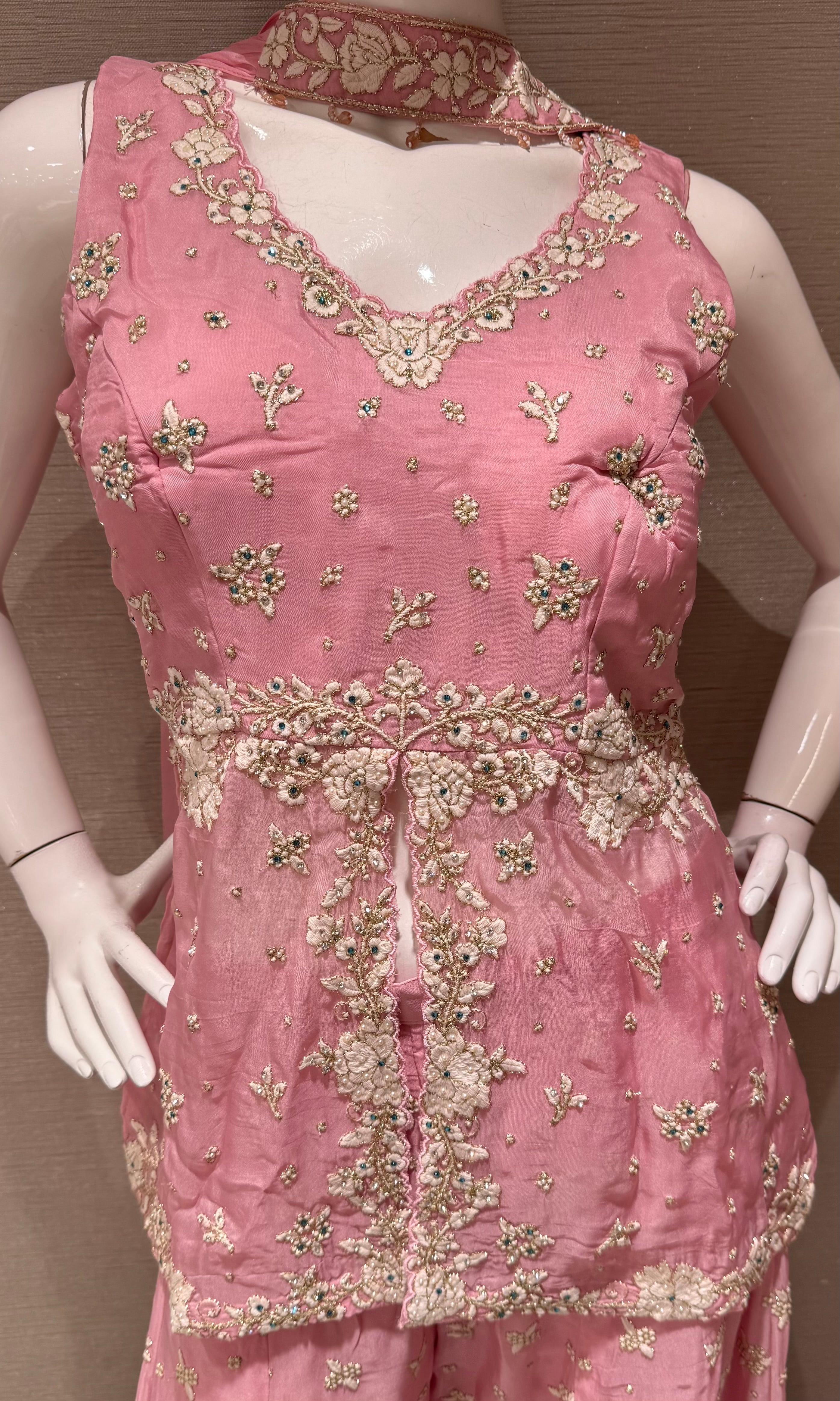 Pink Embellished Palazzo Set with Draped Dupatta